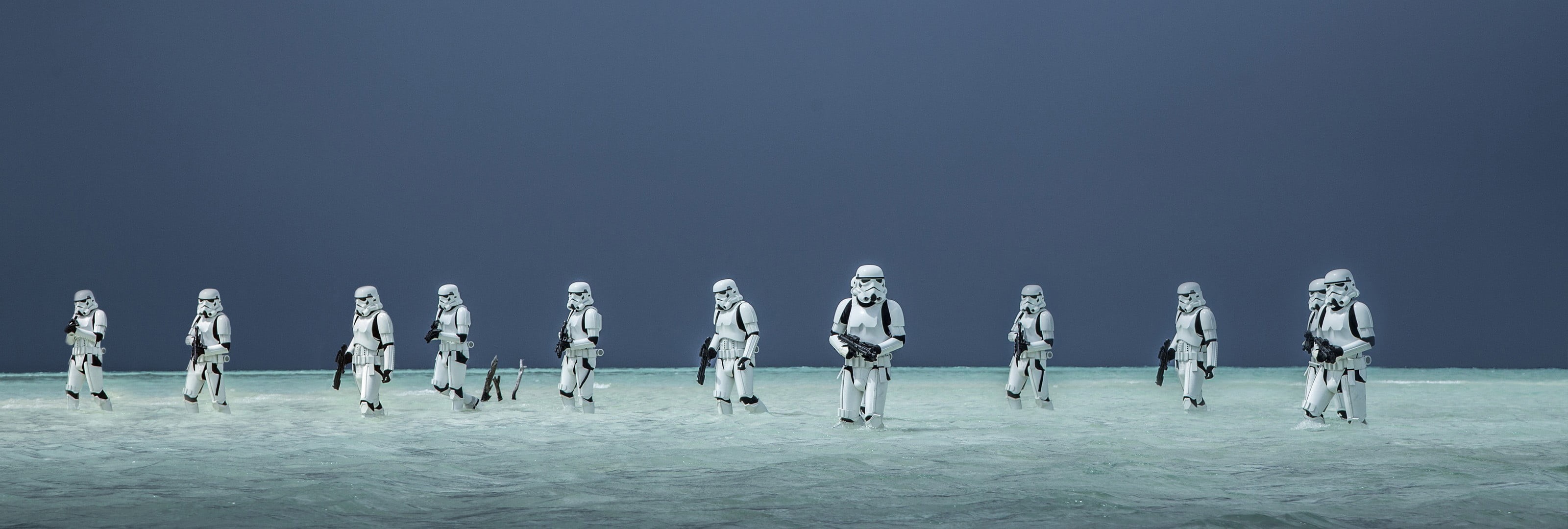 side by side, trooper, sport, sea, winter, 2K, Star Wars, lot, human representation, Rogue One: A Star Wars Story, in a row, reflection, clear sky, copy space, HD Wallpaper