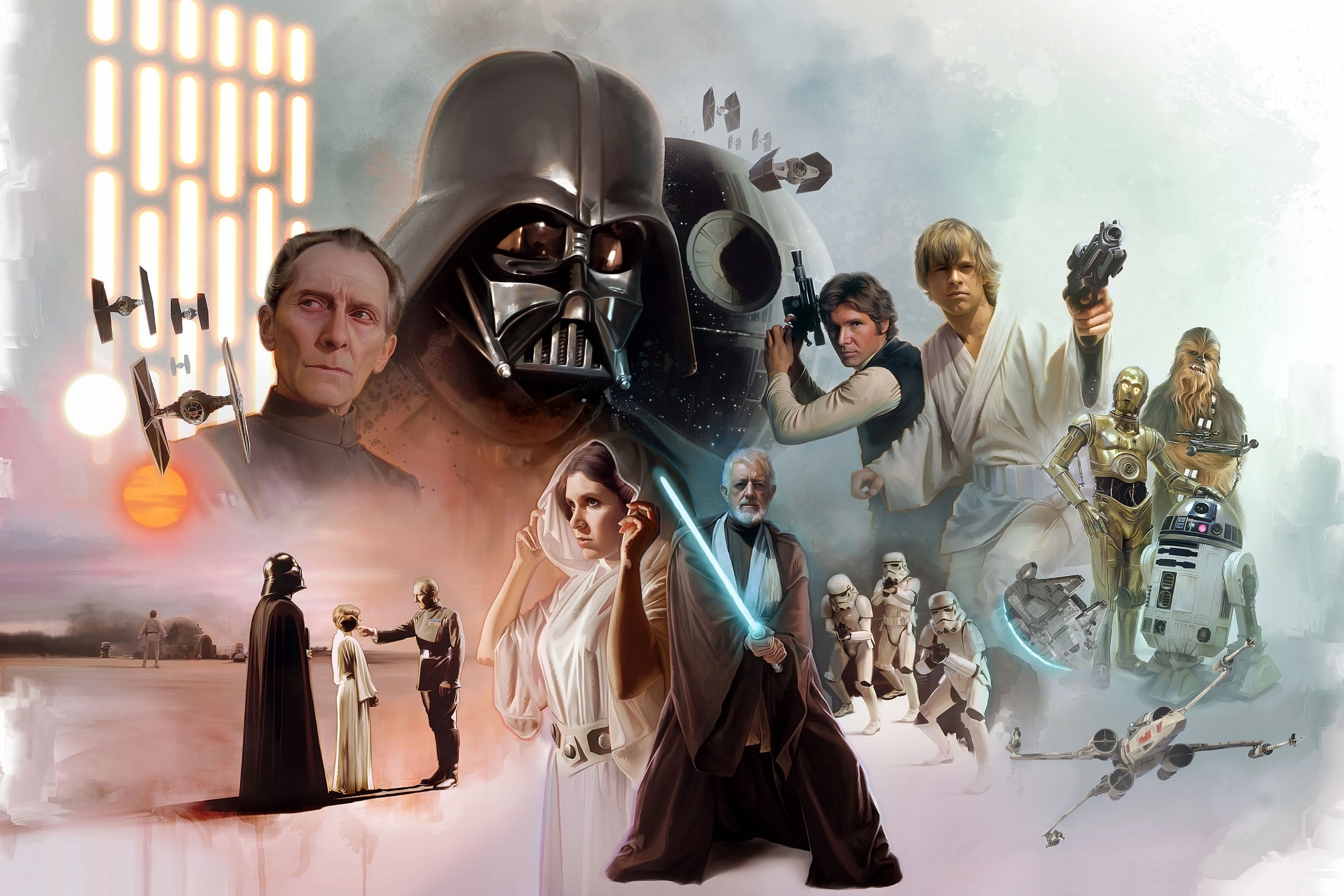 R2-D2, Darth Vader, Obi-Wan Kenobi, C-3PO, Chewbacca, Luke Skywalker, Stormtrooper, Princess Leia, Death Star, Wilhuff Tarkin, Star Wars, 5K, Han Solo, HD Wallpaper