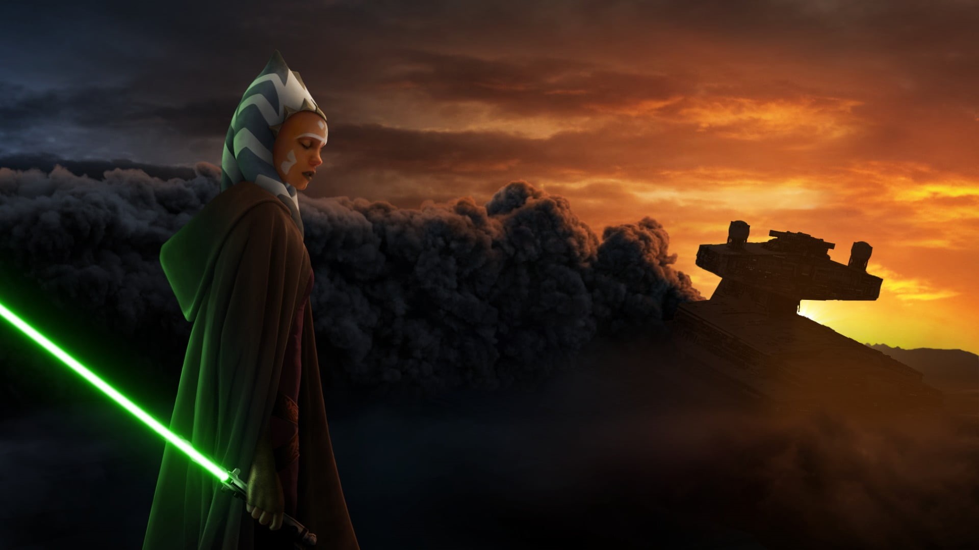 nature, Lined, Star wars, Lightsaber, adult, human representation, Asoka Tano, cloud - sky, Smoke, standing, sunset, sky, creativity, art and craft, sculpture, HD Wallpaper