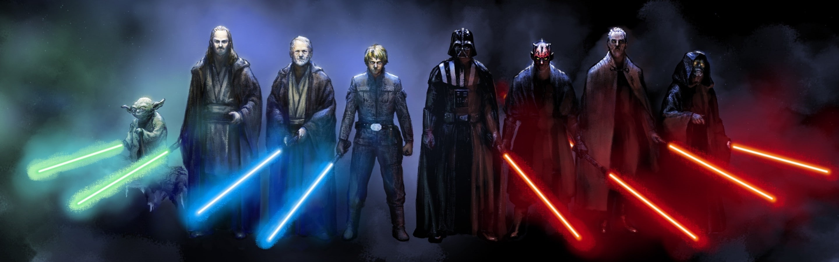 Dual Monitors, nightlife, 2K, night, multi colored, Lightsaber, Star Wars, blue, darth vader, Count Dooku, laser, panoramic, lighting equipment, arts culture and entertainment, HD Wallpaper