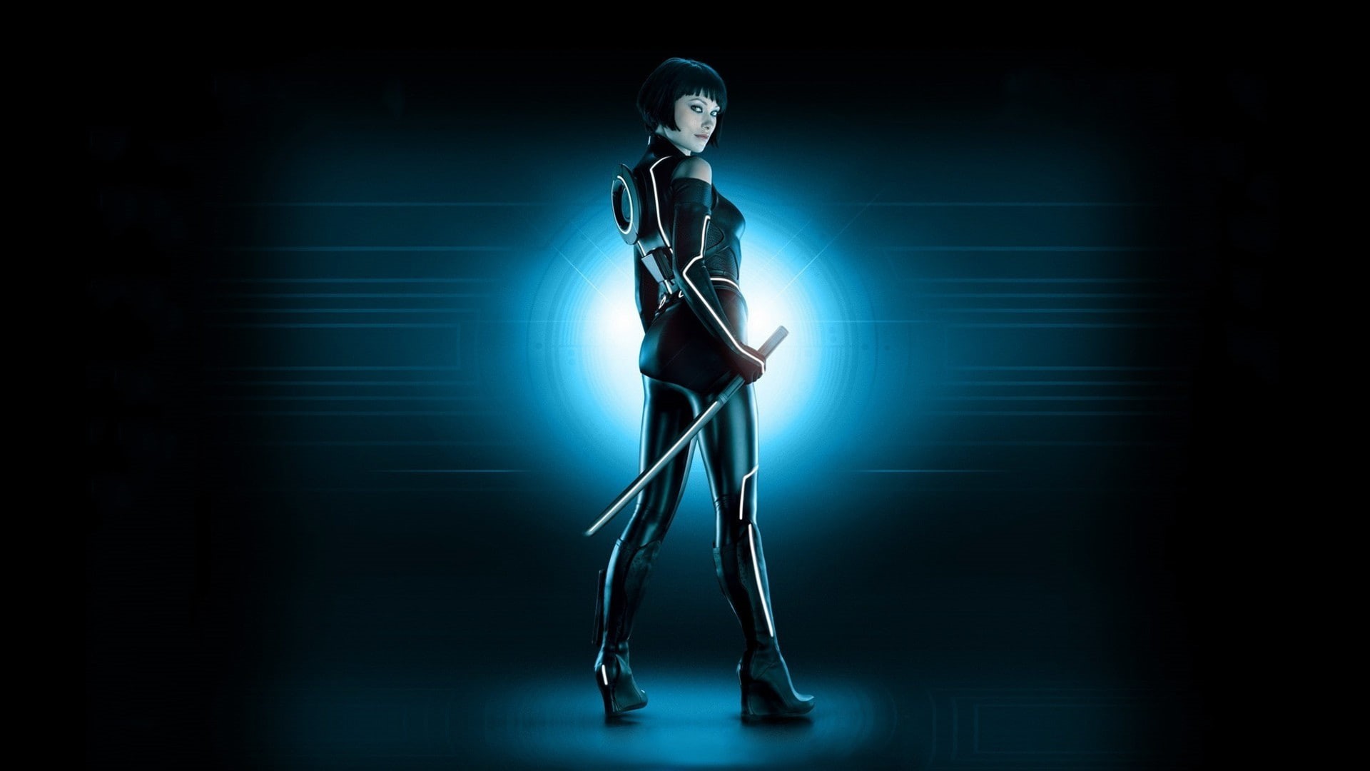 standing, Olivia Wilde, adult, indoors, night, movie poster, nightlife, Tron: Legacy, 1080P, studio shot, stage - performance space, back lit, music, clothing, HD Wallpaper