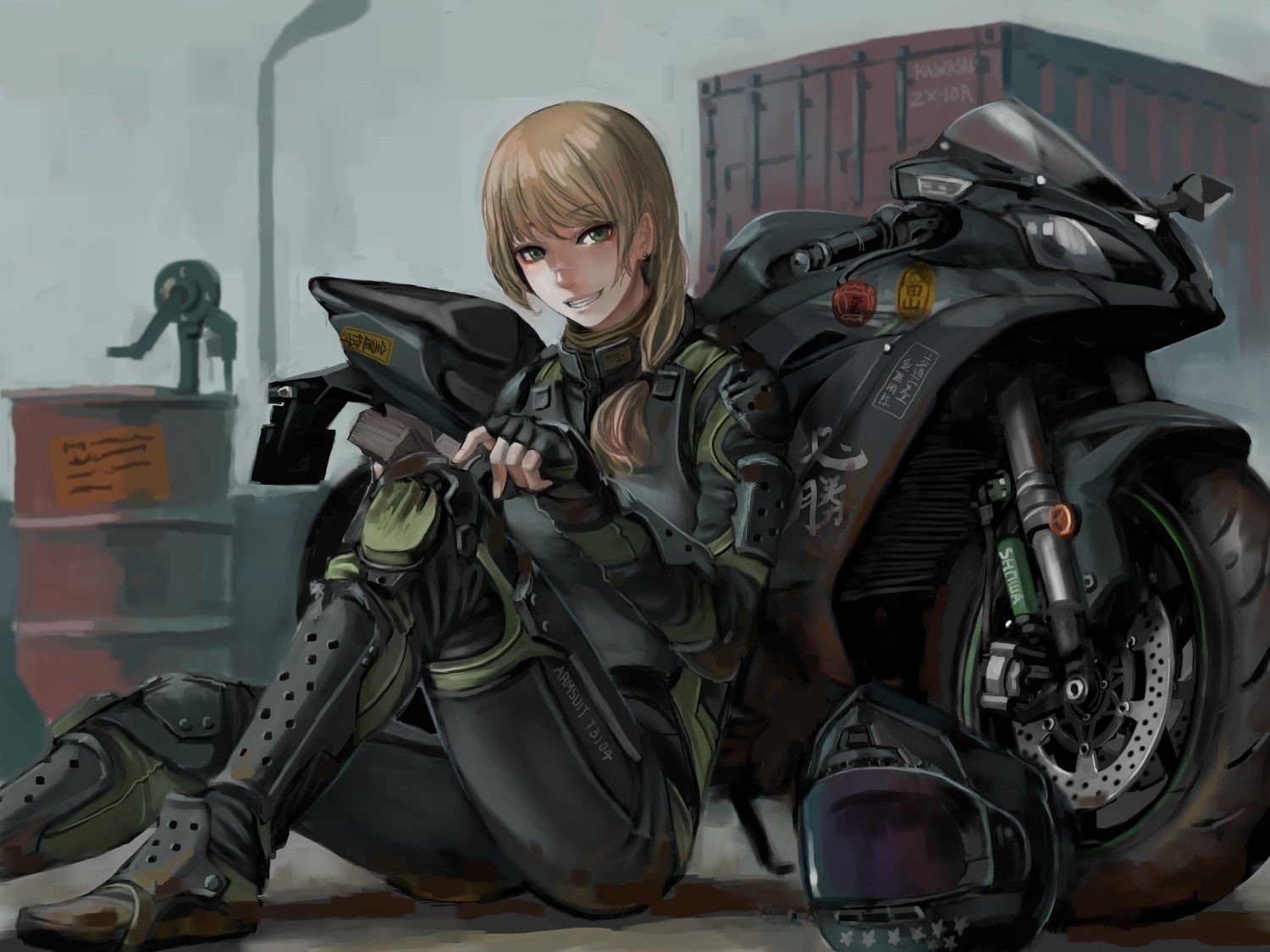 motorcycle, long hair, blonde, bodysuit, anime girls, 720P, anime, green eyes, HD Wallpaper