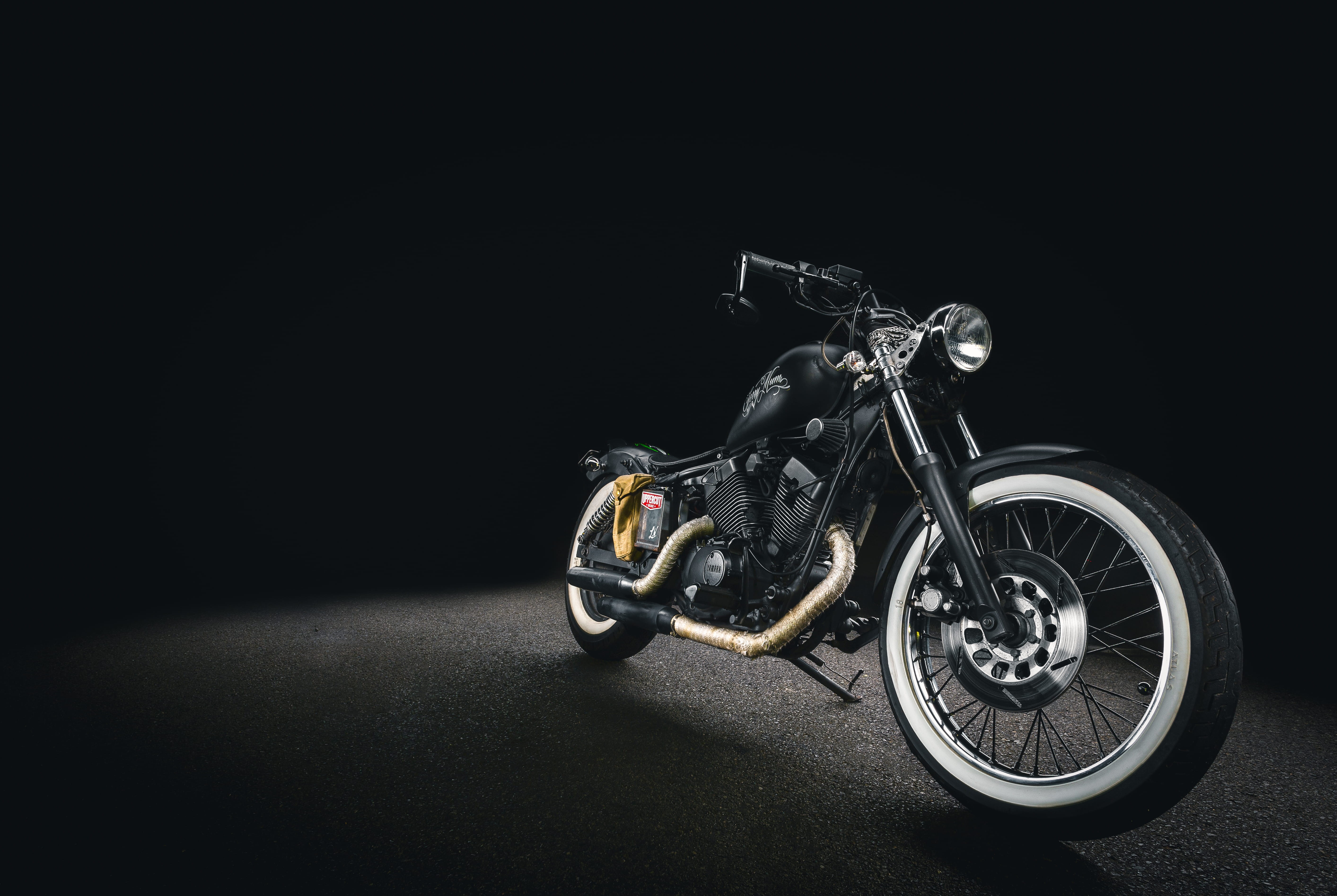 dark, area, transportation, motorcycle, black, retro styled, 5K, land vehicle, black background, stationary, bone, sport, close-up, mode of transportation, HD Wallpaper