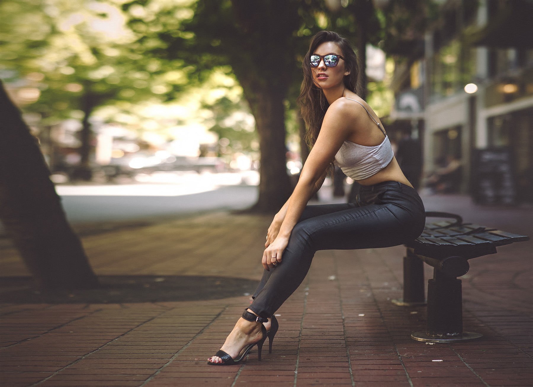hair, 720P, high heels, real people, beautiful woman, young adult, sunglasses, hairstyle, legs, focus on foreground, portrait, city, street, young women, HD Wallpaper