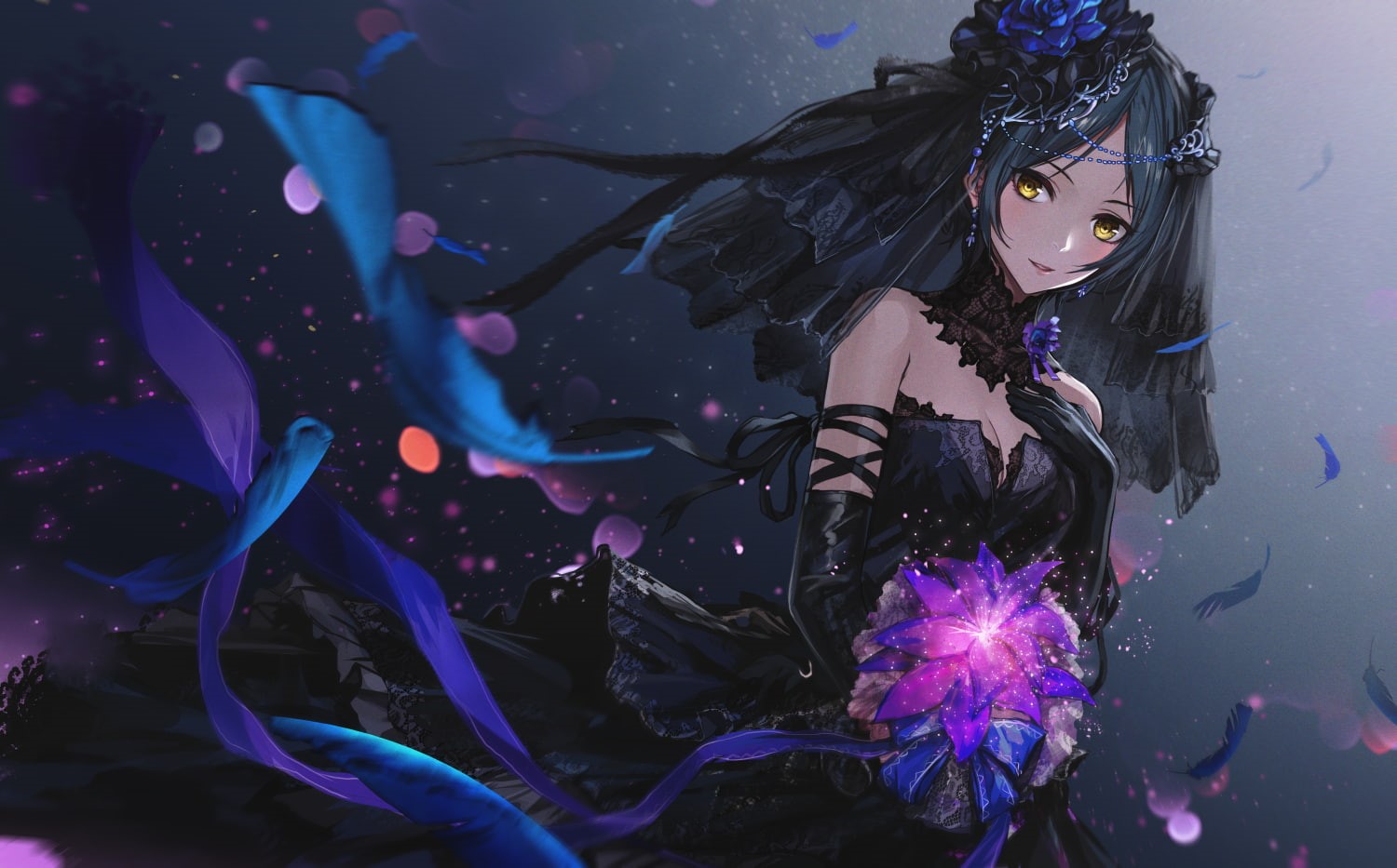 dark hair, yellow eyes, blue, anime, 720P, anime girls, long hair, HD Wallpaper