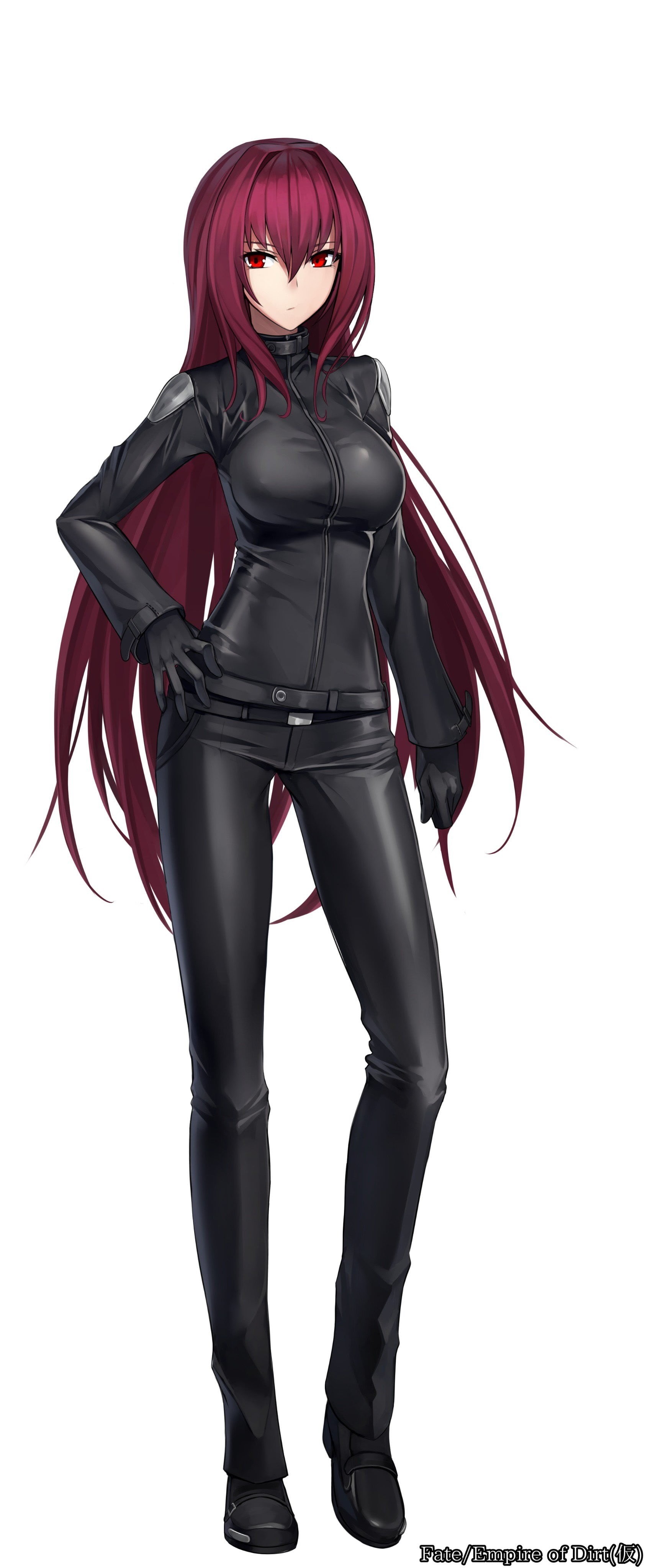 studio shot, single object, celebration, leather, clothing, redhead, anime, aggression, character, black color, people, adult, emotion, long hair, red eyes, Phone HD Wallpaper