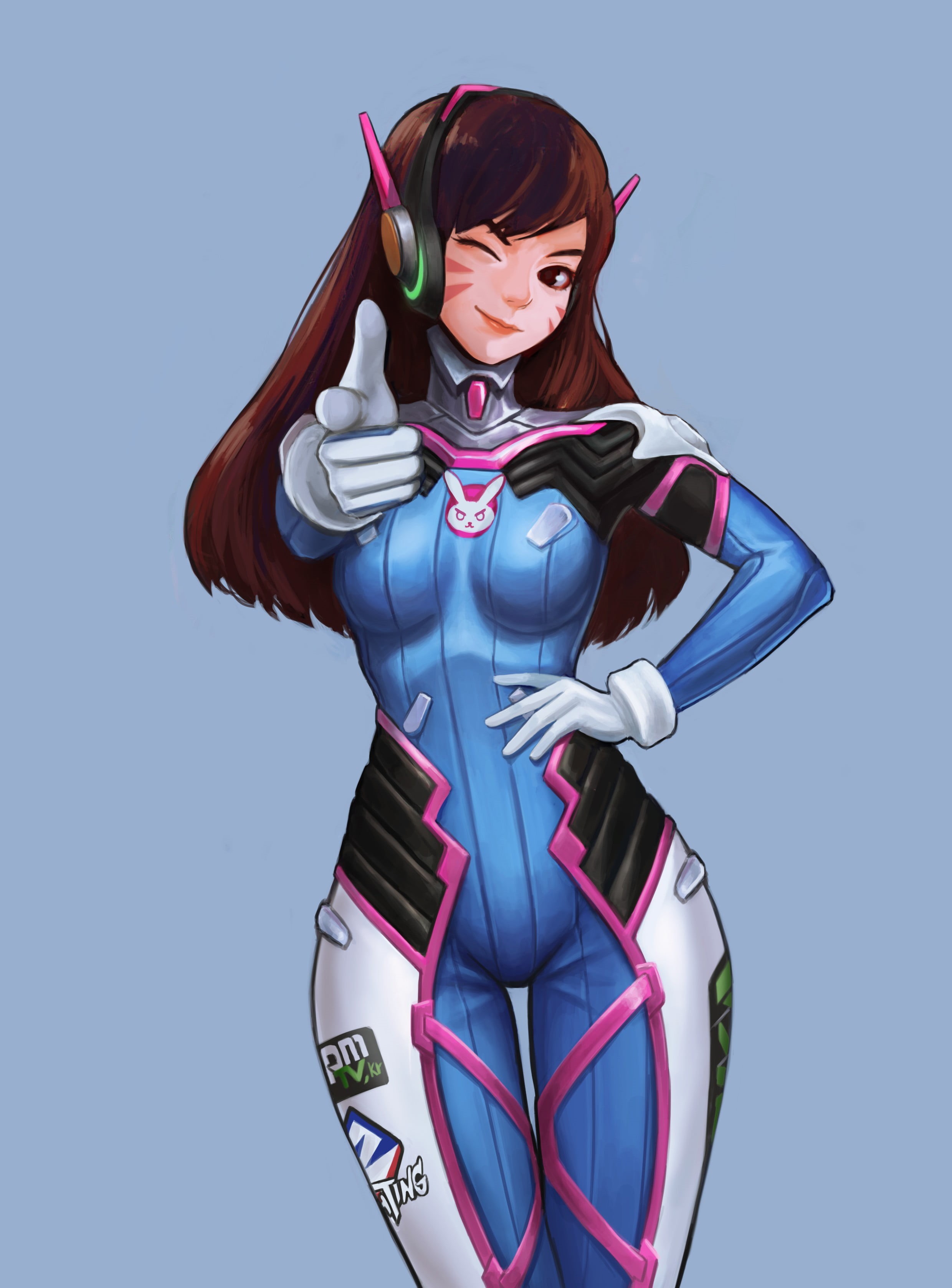 suit, studio shot, females, women, three quarter length, blue, D.Va (Overwatch), beauty, technology, beautiful woman, long hair, wearing, bodysuit, 2K, Phone HD Wallpaper