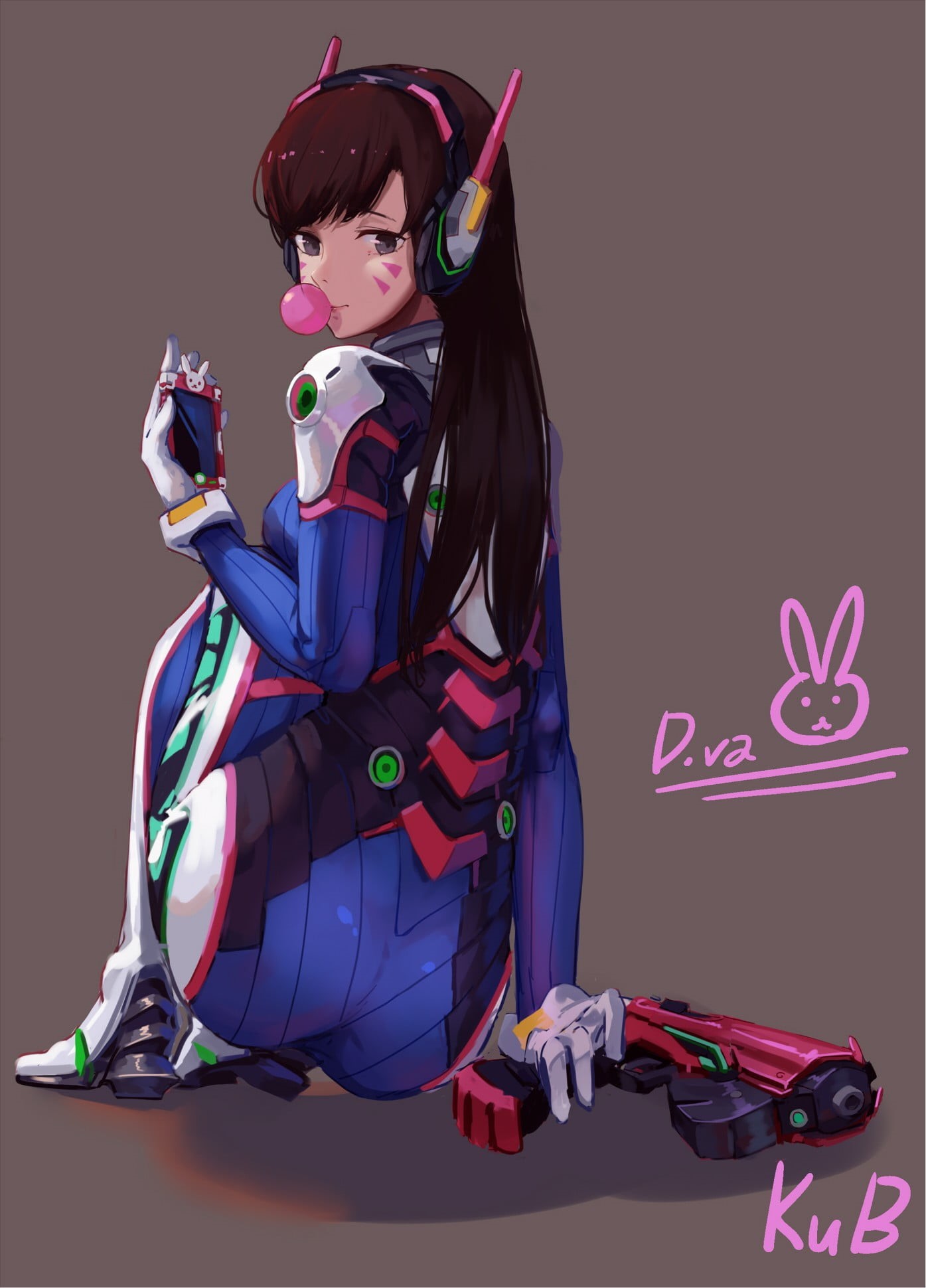 indoors, women, headphones, D.Va (Overwatch), human representation, brunette, bodysuit, multi colored, weapon, anime girls, 1080P, colored background, Phone HD Wallpaper