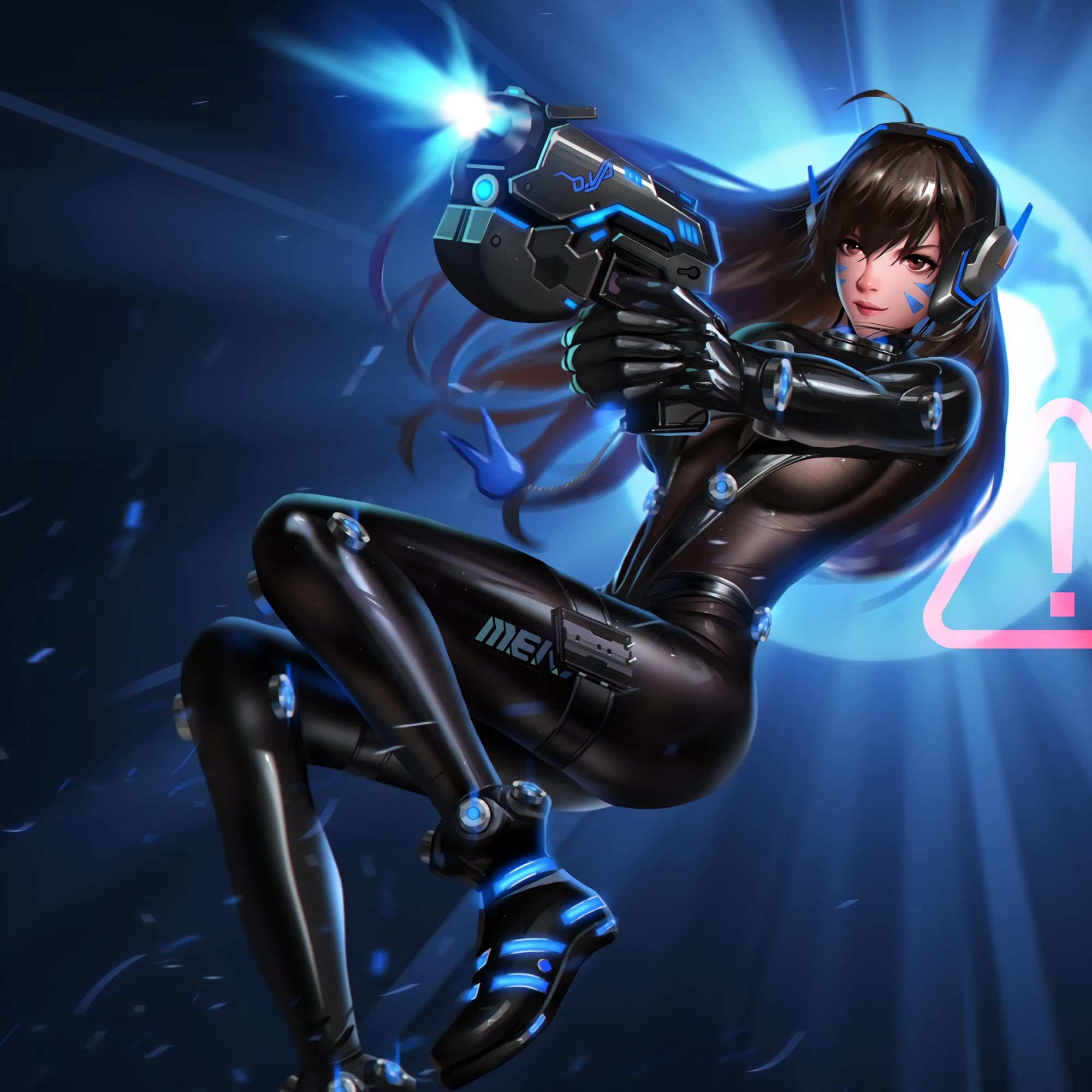 brunette, nightlife, 1080P, indoors, Overwatch, young adult, girls with guns, cyborg, light, Liang Xing, waist up, technology, arts culture and entertainment, Phone HD Wallpaper