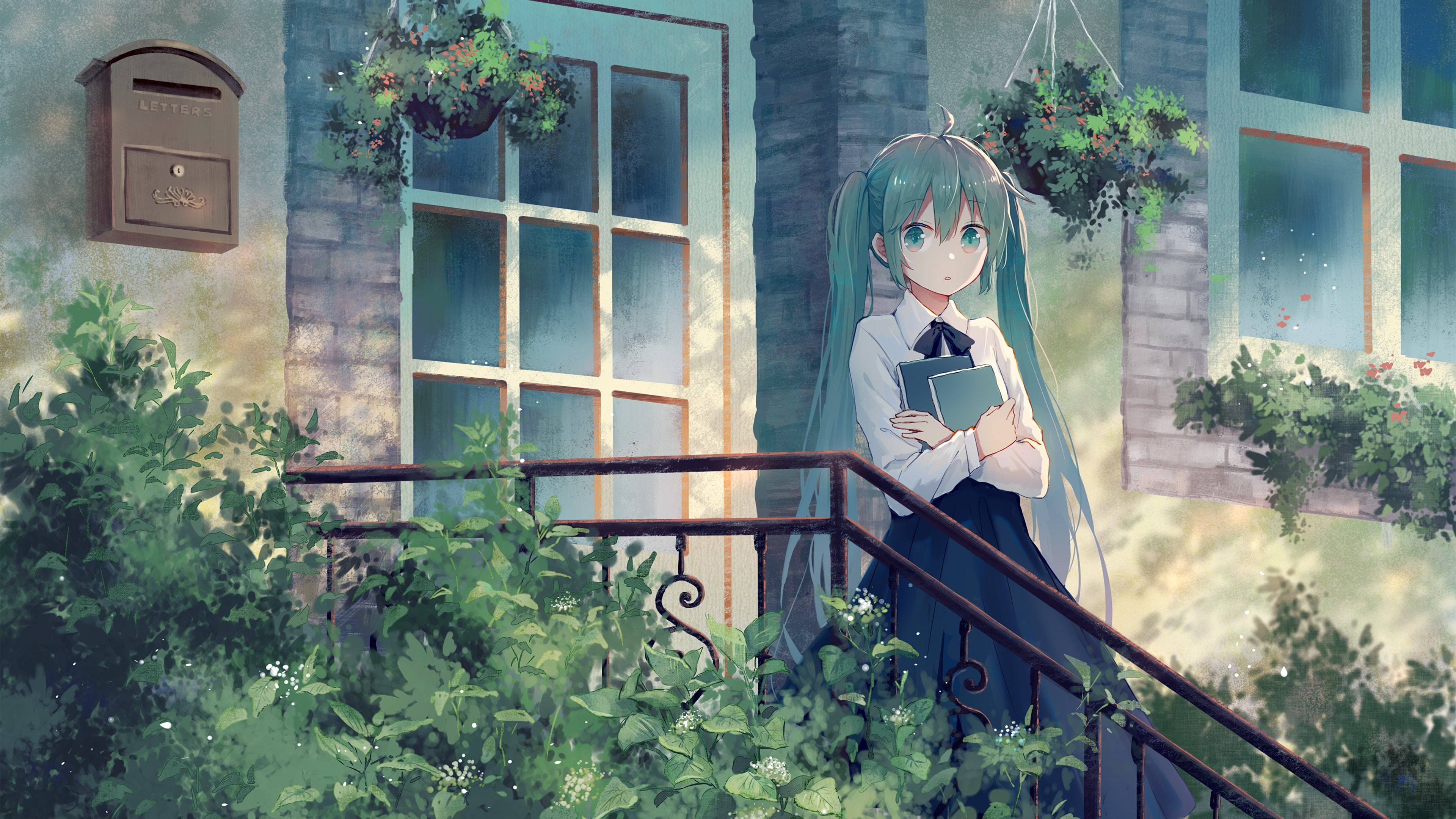 front view, glasses, adult, Vocaloid, growth, architecture, young adult, women, plant, standing, day, anime girls, one person, young women, three quarter length, HD Wallpaper