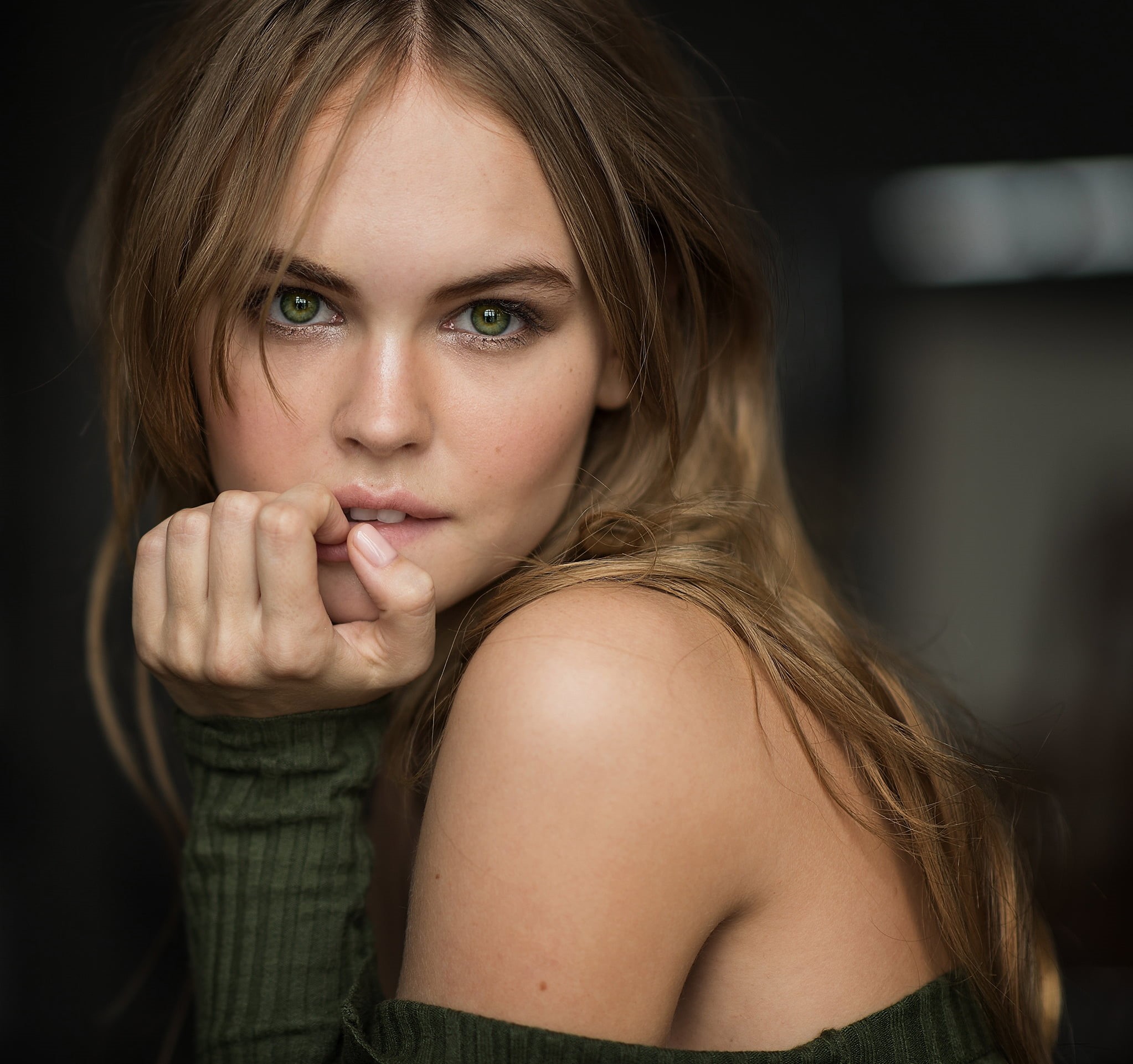 looking at camera, young adult, brunette, 1080P, green eyes, model, human face, women, looking at viewer, hand, semi-dress, portrait, one person, body part, HD Wallpaper