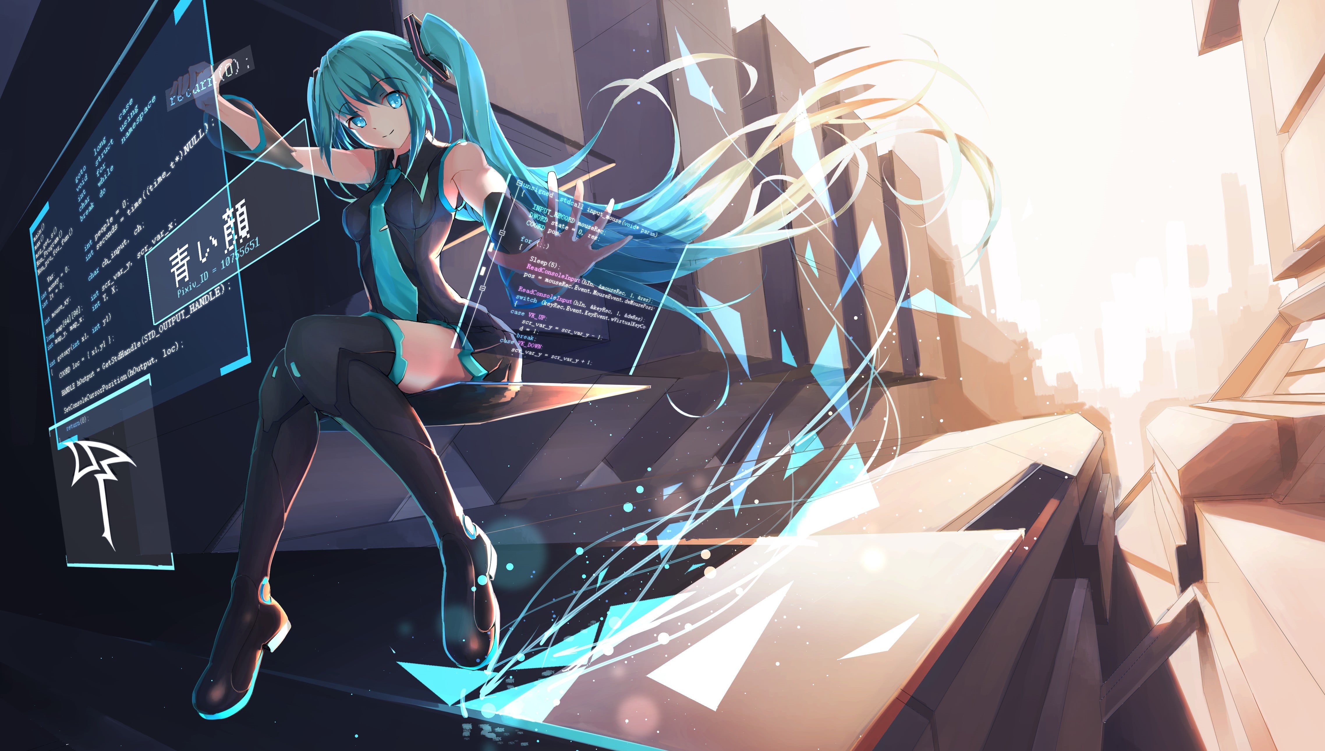 females, sitting, young women, thigh-highs, computer, full length, blue eyes, Hatsune Miku, Vocaloid, women, miku, side view, digital, young adult, arts culture and entertainment, HD Wallpaper