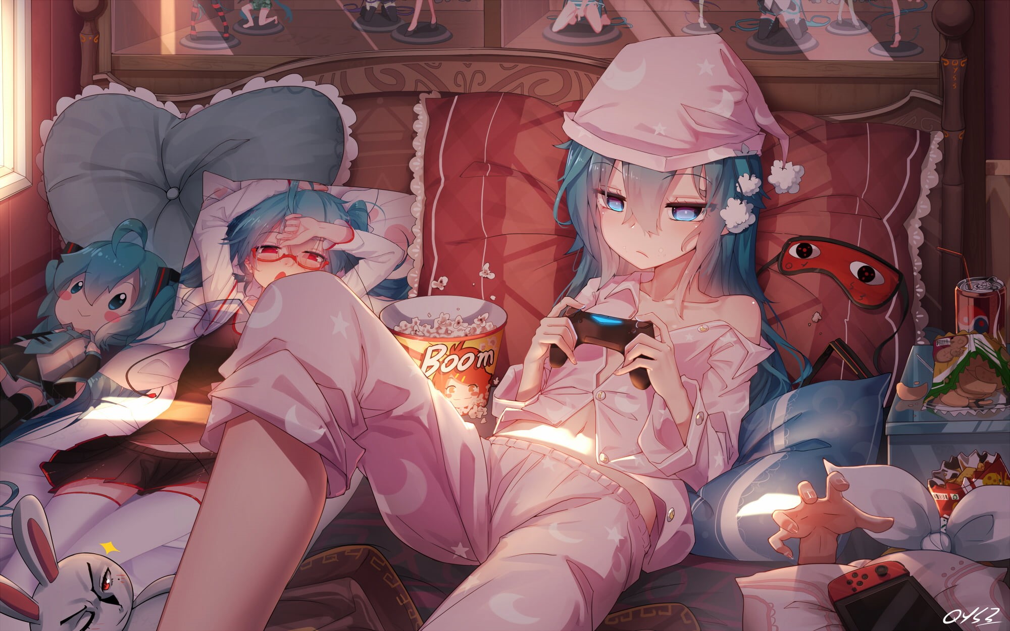 women, long hair, blue hair, large group of objects, Hatsune Miku, 1080P, anime girls, for sale, people, in bed, human representation, sitting, lifestyles, HD Wallpaper