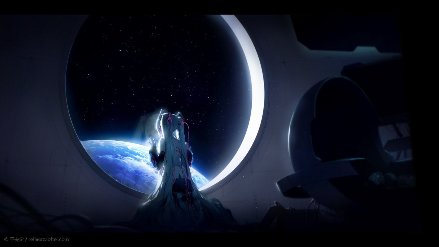 720P, planet earth, anime, sky, creativity, illuminated, light - natural phenomenon, night, Vocaloid, moon, planet - space, blue, glowing, indoors, Hatsune Miku, HD Wallpaper
