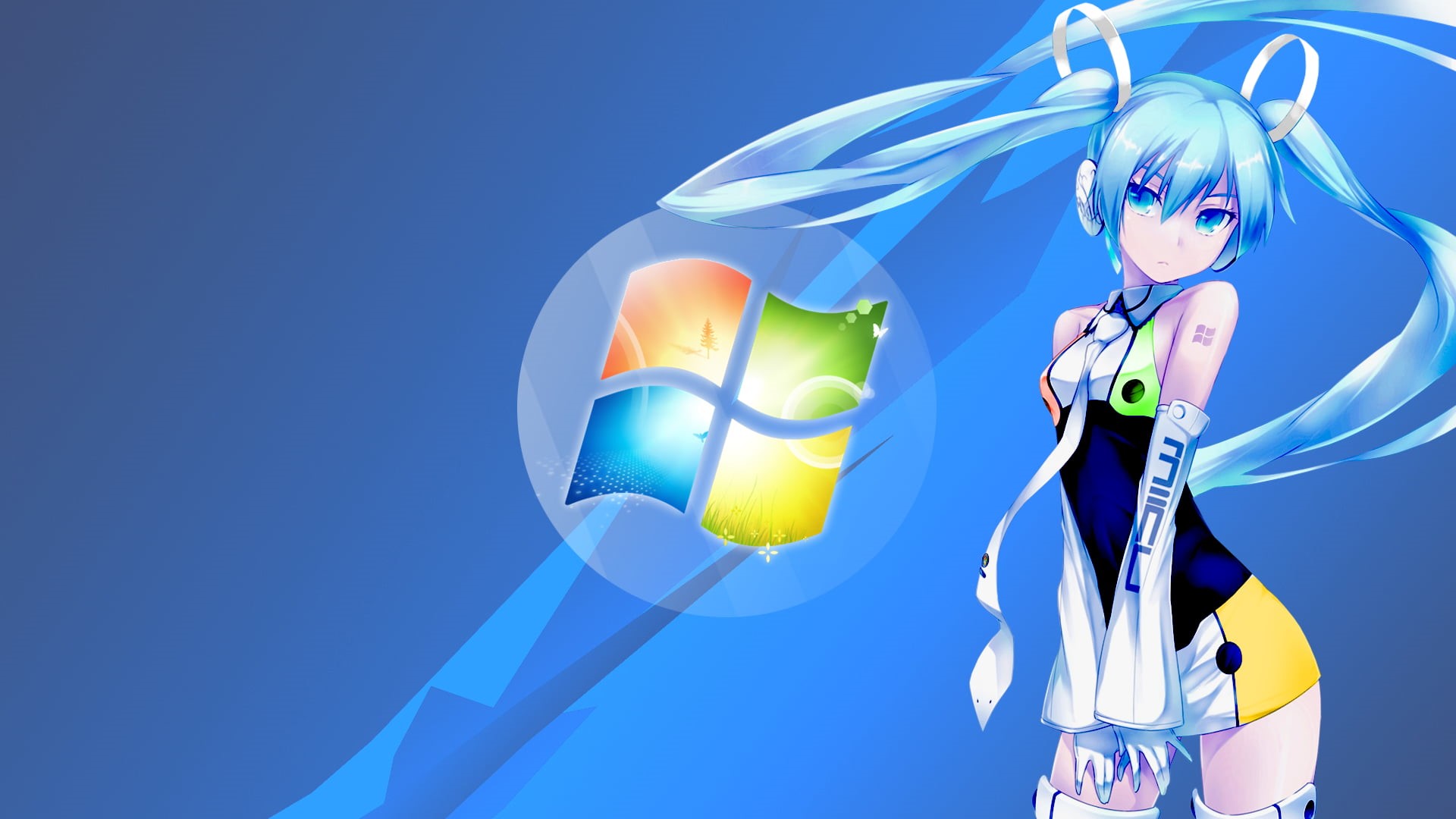 blue background, colored background, low angle view, adult, Microsoft Windows, nature, anime girls, women, sunlight, one person, Vocaloid, digital composite, HD Wallpaper