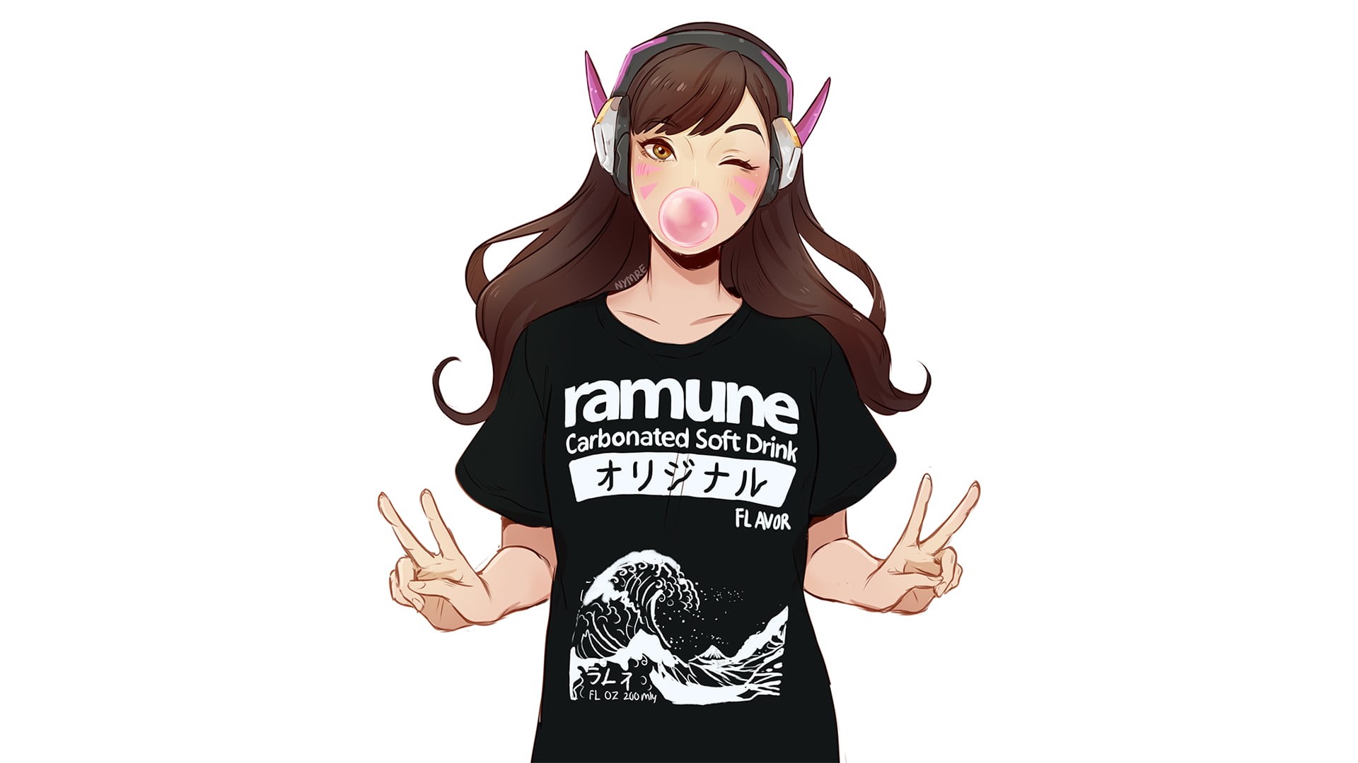 D.Va (Overwatch), winking, young adult, Overwatch, women, waist up, brunette, text, haired, three quarter length, T-shirt, looking at camera, hairstyle, HD Wallpaper