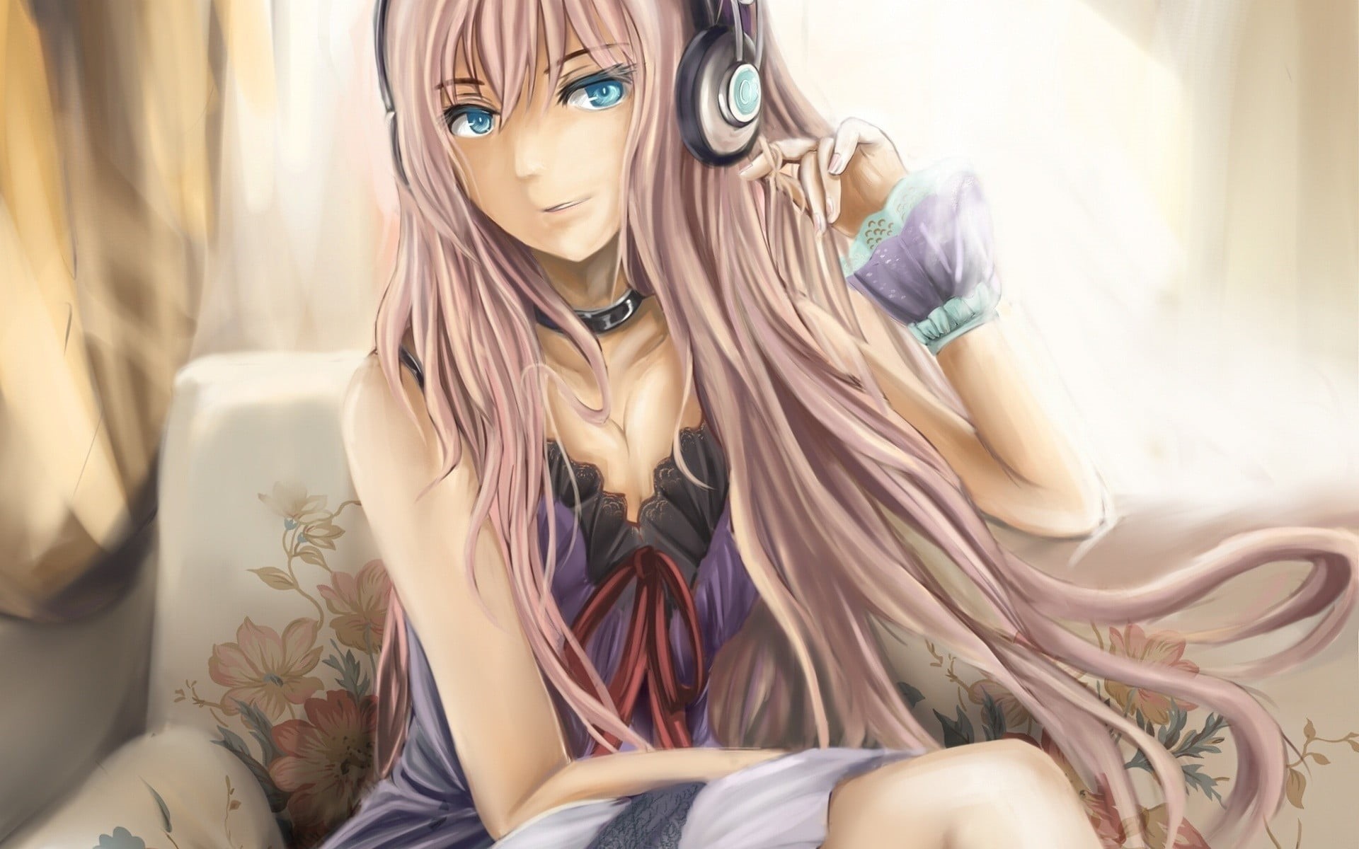 leisure activity, real people, young women, beautiful woman, headphones, Vocaloid, female, indoors, anime girls, Megurine Luka, blond hair, anime, soft shading, HD Wallpaper