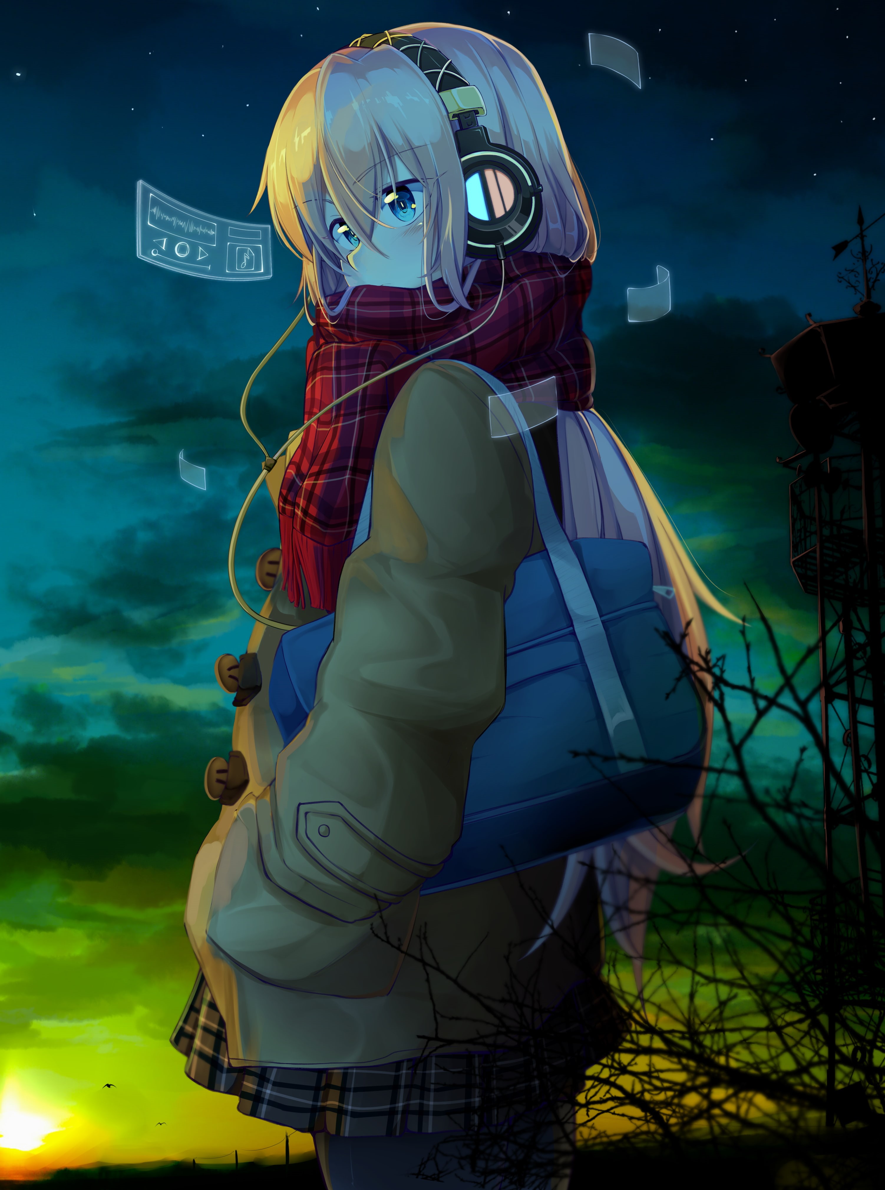 long hair, mystery, outdoors, adult, blue eyes, waist up, 4K, men, headphones, nature, women, standing, anime girls, arts culture and entertainment, night, Phone HD Wallpaper