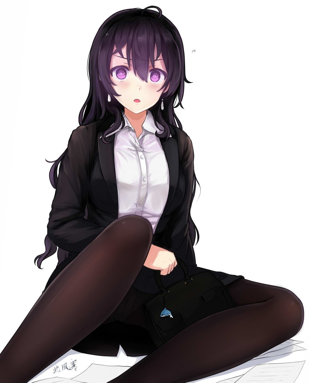 long hair, anime girls, 720P, hairstyle, sitting, black hair, female, indoors, women, white background, anime, cut out, business suit, purple eyes, fashion, Phone HD Wallpaper