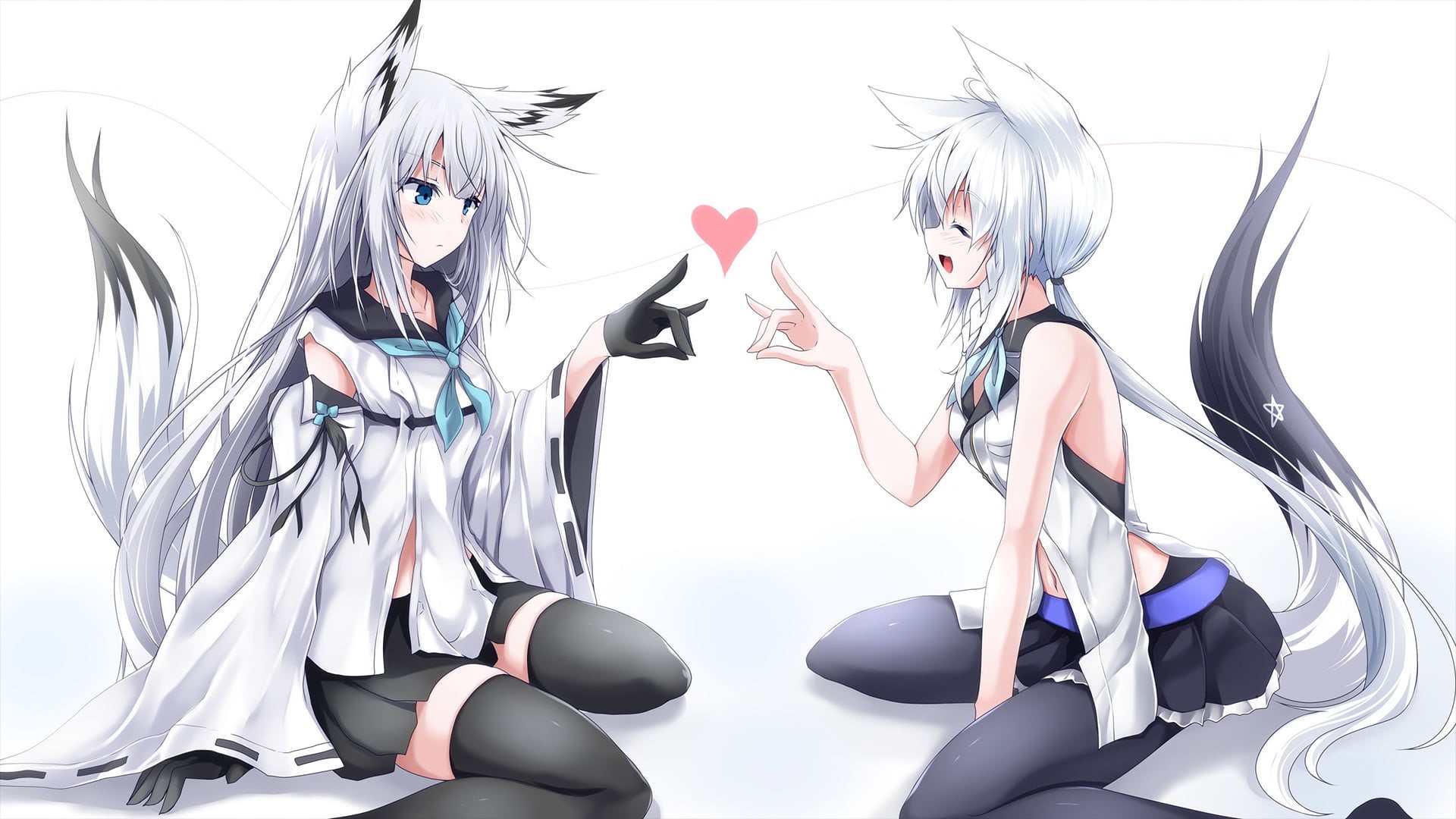 Anime, Kawakaze (Azur Lane), Animal Ears, Long Hair, Tail, Crossover, Shirakami Fubuki, Blue Eyes, 1080P, School Uniform, White Hair, Azur Lane, HD Wallpaper
