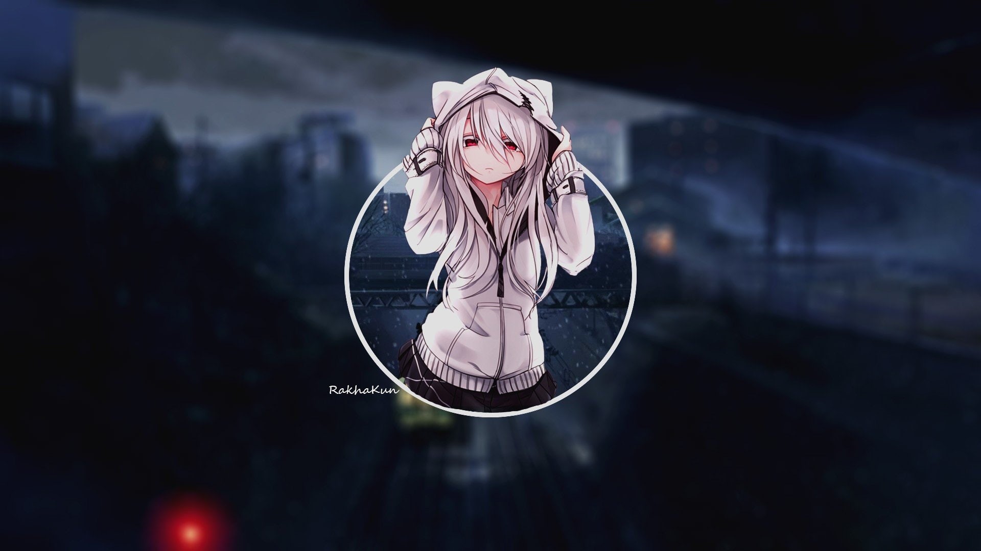 long hair, 1080P, x, cat girl, cat, red eyes, eyes, anime, girl, Anime Girls, hd, px, 1920x1080 px, jacket, art, gray, girls, red, long, dress, City, hair, HD Wallpaper