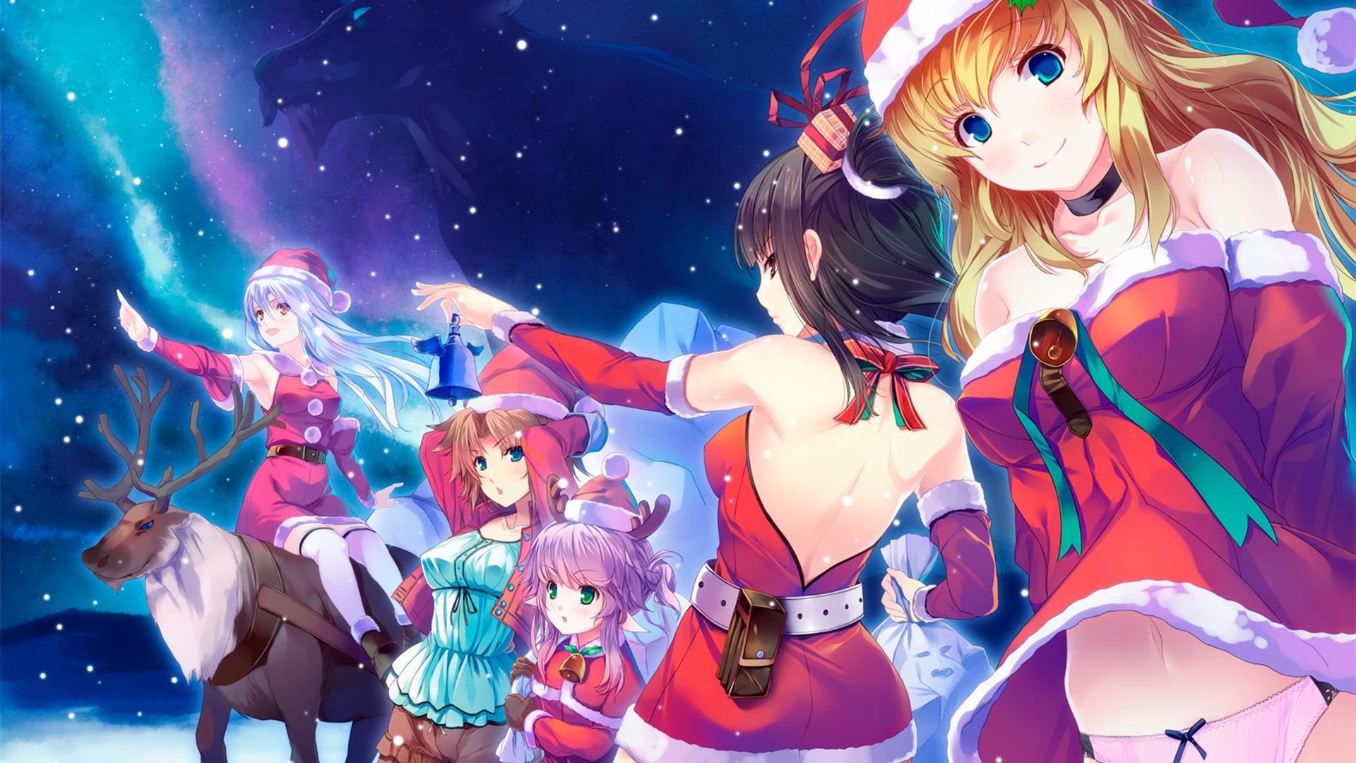 eyes, green eyes, long hair, hair, blue, green, anime, 1080P, blue eyes, long, christmas, hats, anime girls, deer, girls, HD Wallpaper