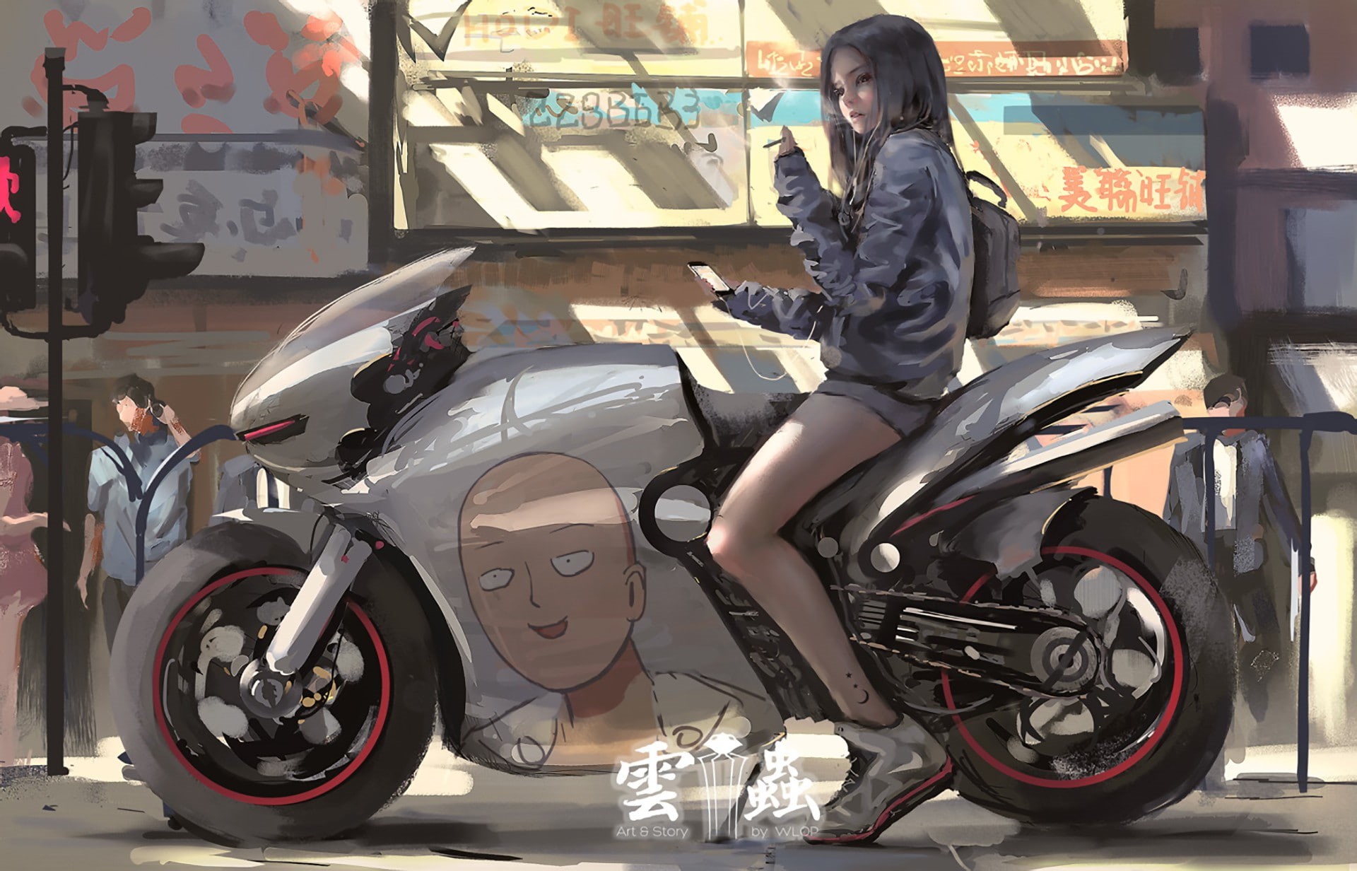 Saitama, One-Punch Man, 1080P, motorcycle, anime girls, WLOP, solo, HD Wallpaper