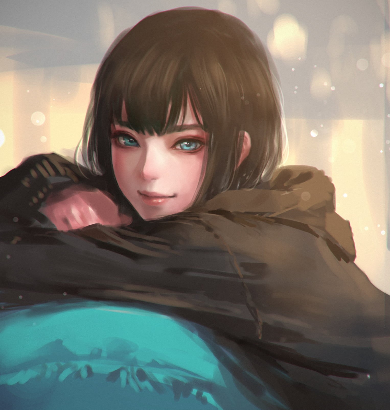 720P, original characters, drawing, smiling, brunette, digital painting, digital art, portrait, women, sweatshirts, artwork, anime girls, anime, 2D, looking at viewer, Phone HD Wallpaper