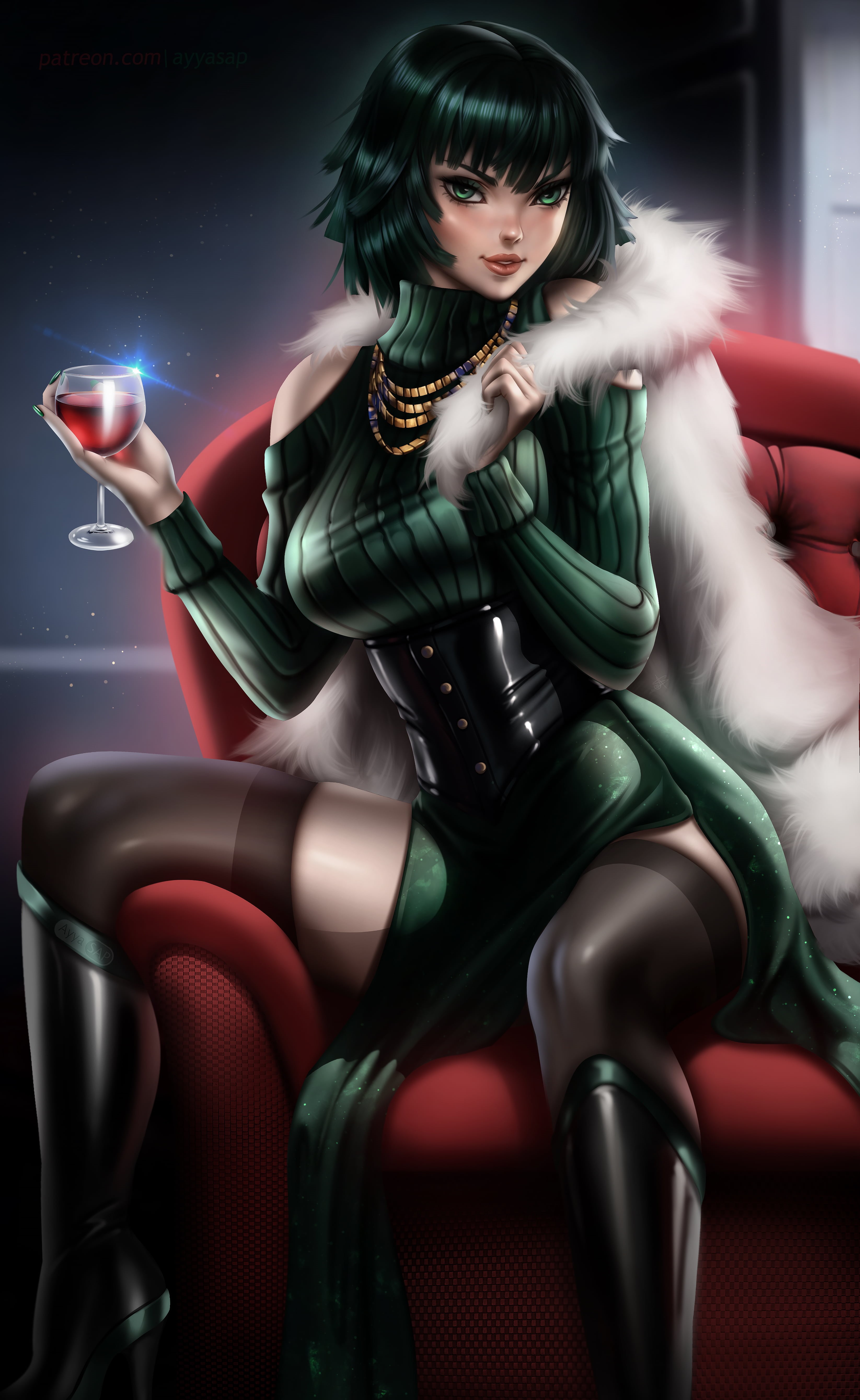 One-Punch Man, anime, 5K, Ayya Saparniyazova, digital art, Fubuki, anime girls, AyyaSAP, illustration, fan art, artwork, green hair, Phone HD Wallpaper