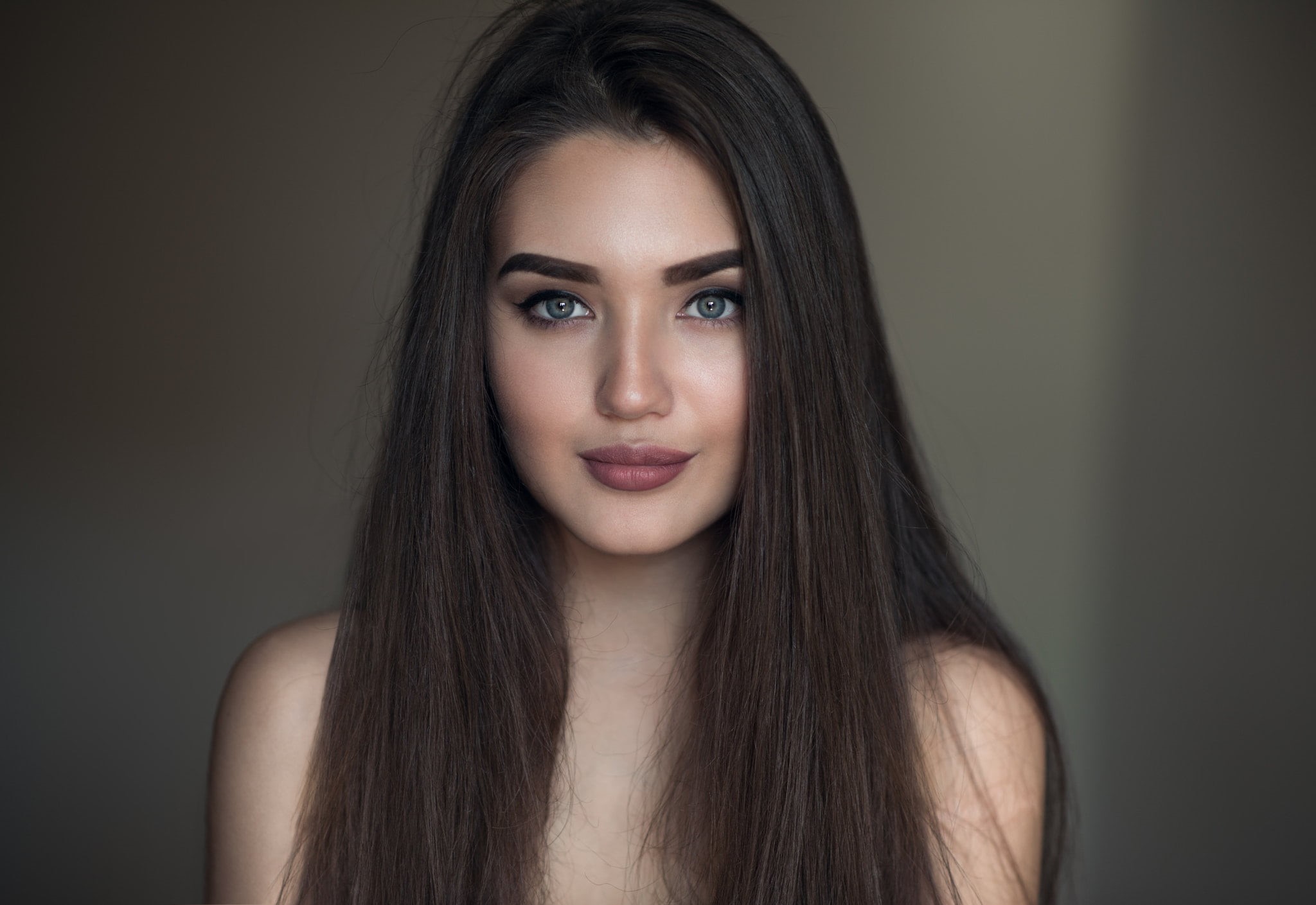 simple background, young women, long hair, young adult, hairstyle, Ulyana Mokraya, women, 1080P, face, contemplation, portrait, hair, indoors, beauty, HD Wallpaper