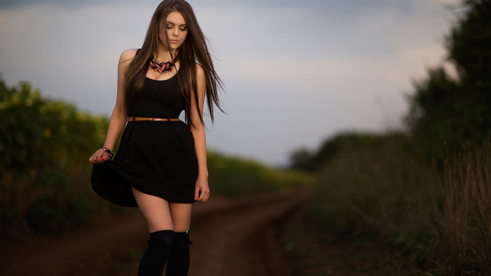 standing, brunette, fashion, straight hair, young adult, hairstyle, one person, outdoors, young women, adult, beauty, lifestyles, black dress, casual clothing, HD Wallpaper