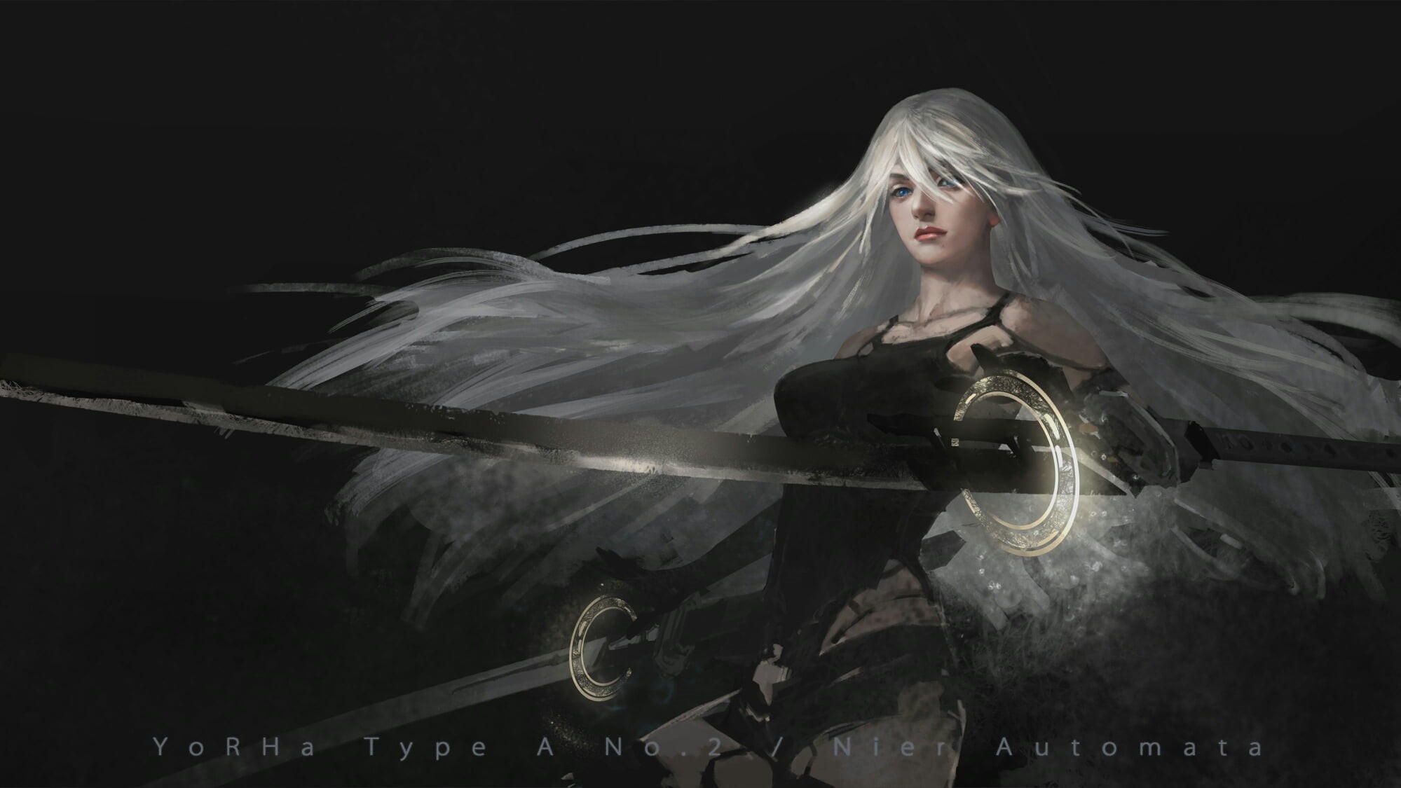 one person, 1080P, hair, white hair, horror, front view, hairstyle, adult, young women, women, sword, NieR, mystery, three quarter length, digital composite, HD Wallpaper