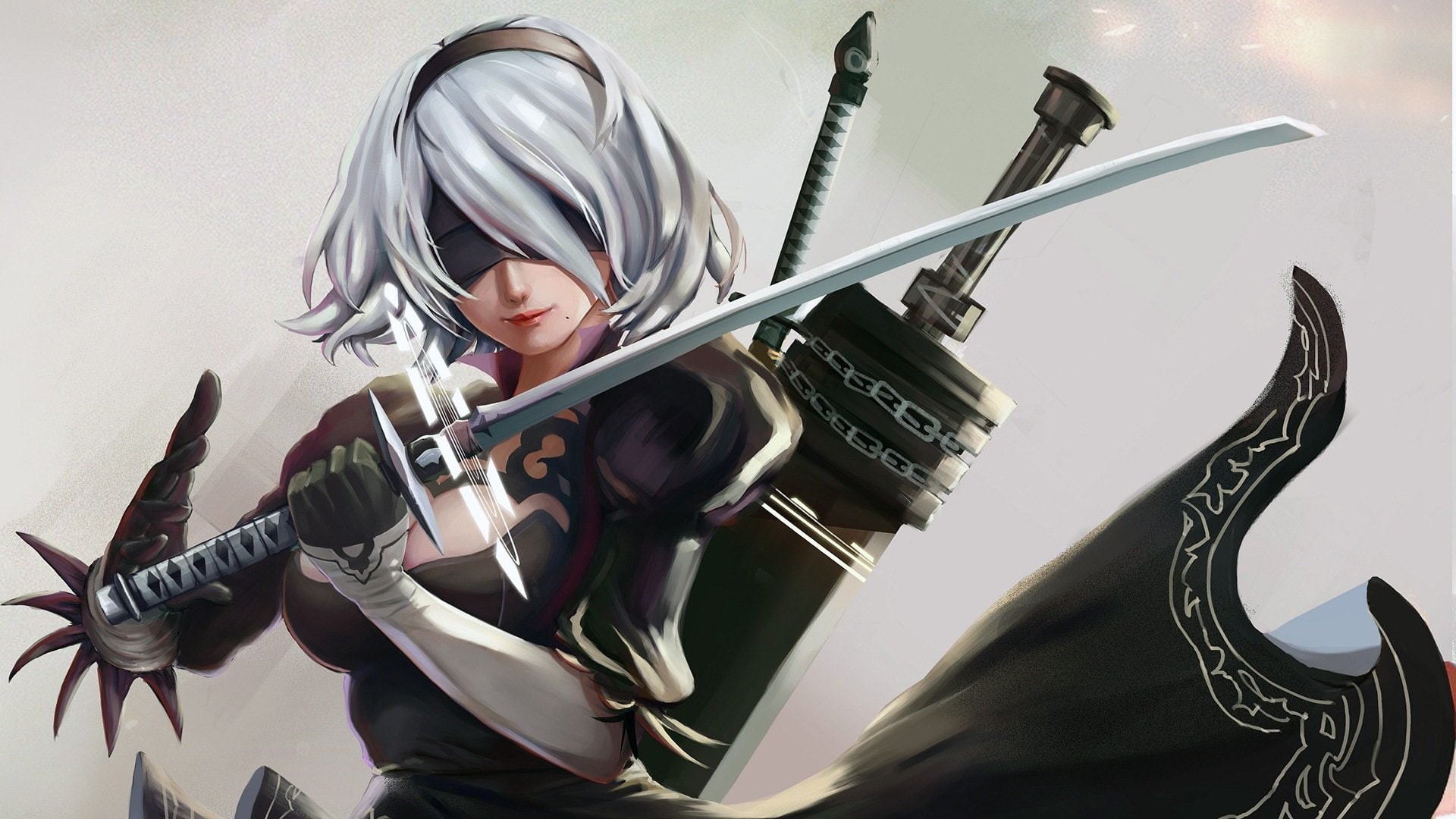 young women, 1080P, music, 2B (Nier: Automata), portrait, arts culture and entertainment, sword, white hair, musician, fashion, hairstyle, artist, holding, HD Wallpaper