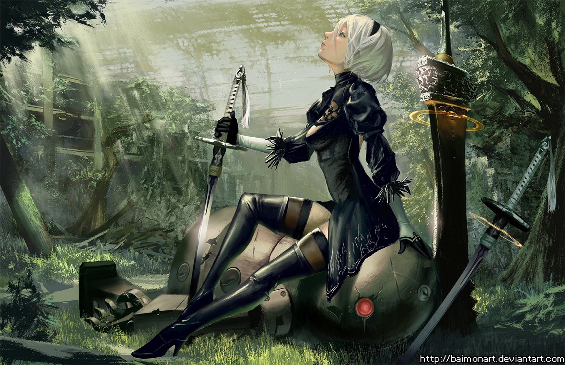 security, armed forces, day, YoRHa No.2 Type B, rifle, Black Dress, character, Katana, High Heels, plant, protection, Thigh Boots, Video Game, aggression, HD Wallpaper
