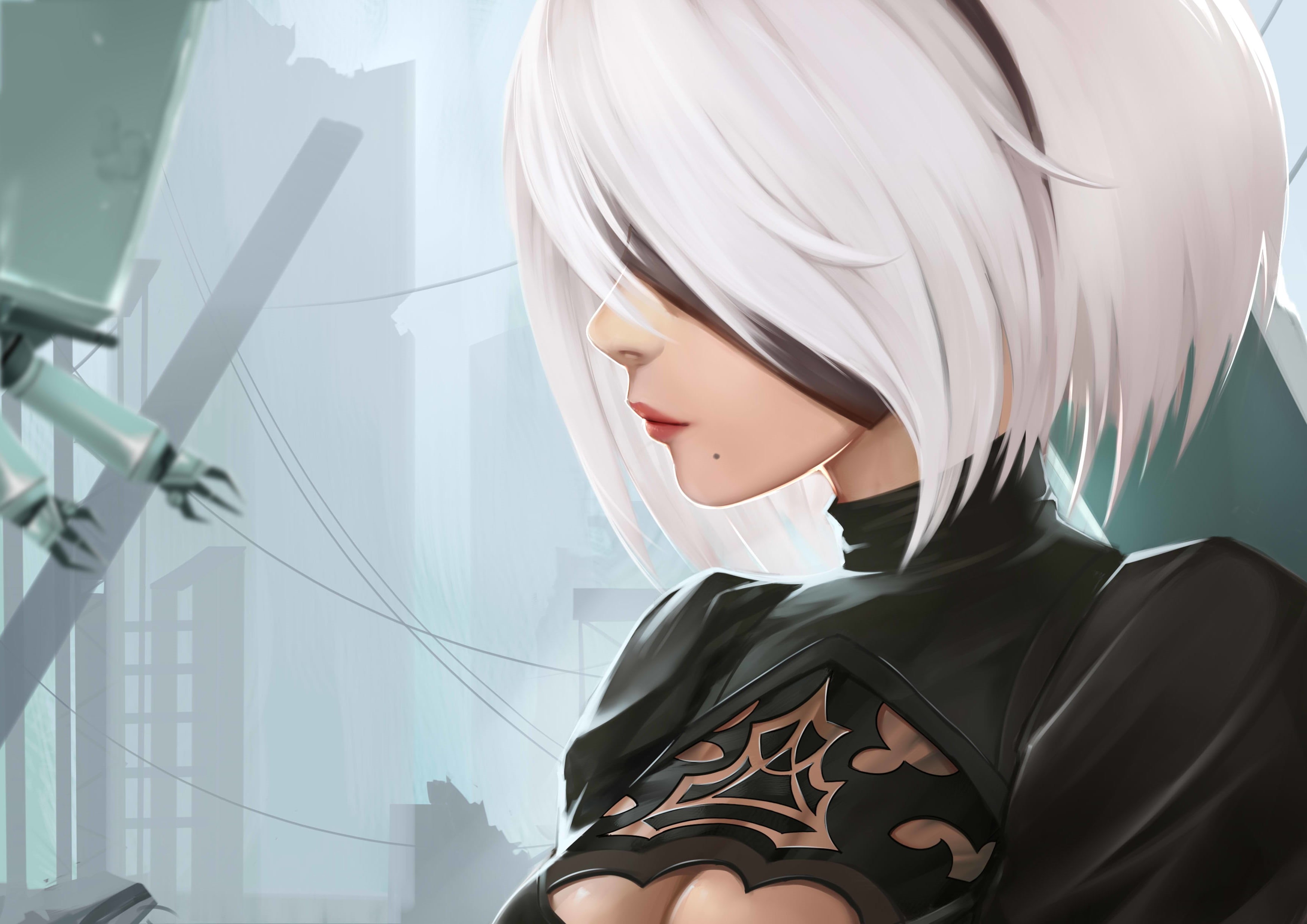 front view, anime girls, looking, short hair, real people, Yorha unit no.2 type b, glass - material, NieR, headshot, blindfold, young adult, white hair, HD Wallpaper