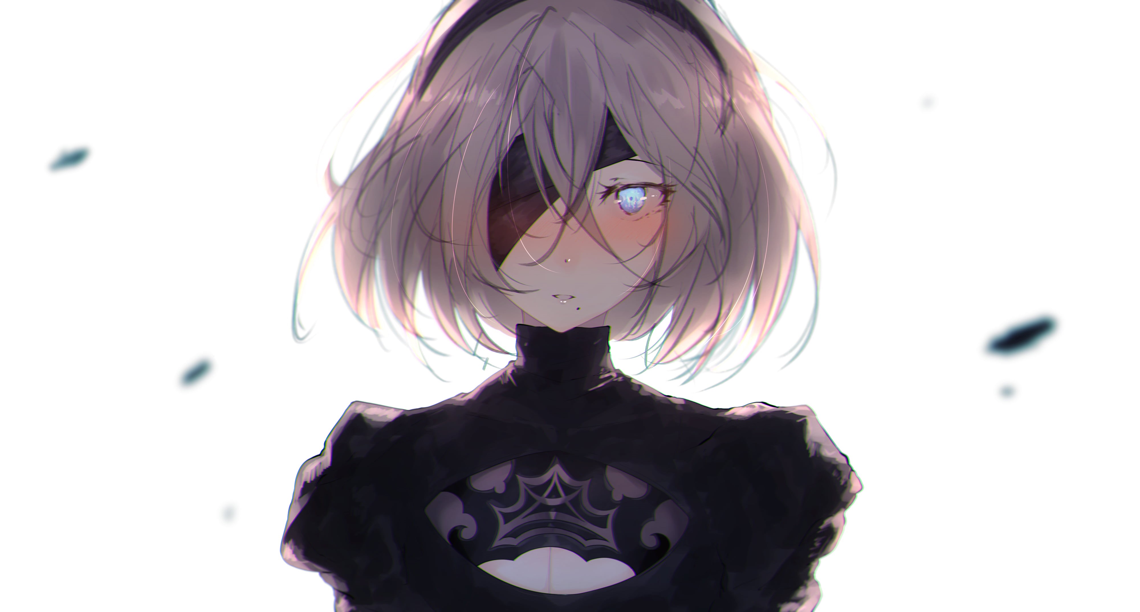 female, blue eyes, short hair, close-up, studio shot, NieR, day, black dress, Nier: Automata, haired, blindfold, nature, creativity, white background, one person, HD Wallpaper