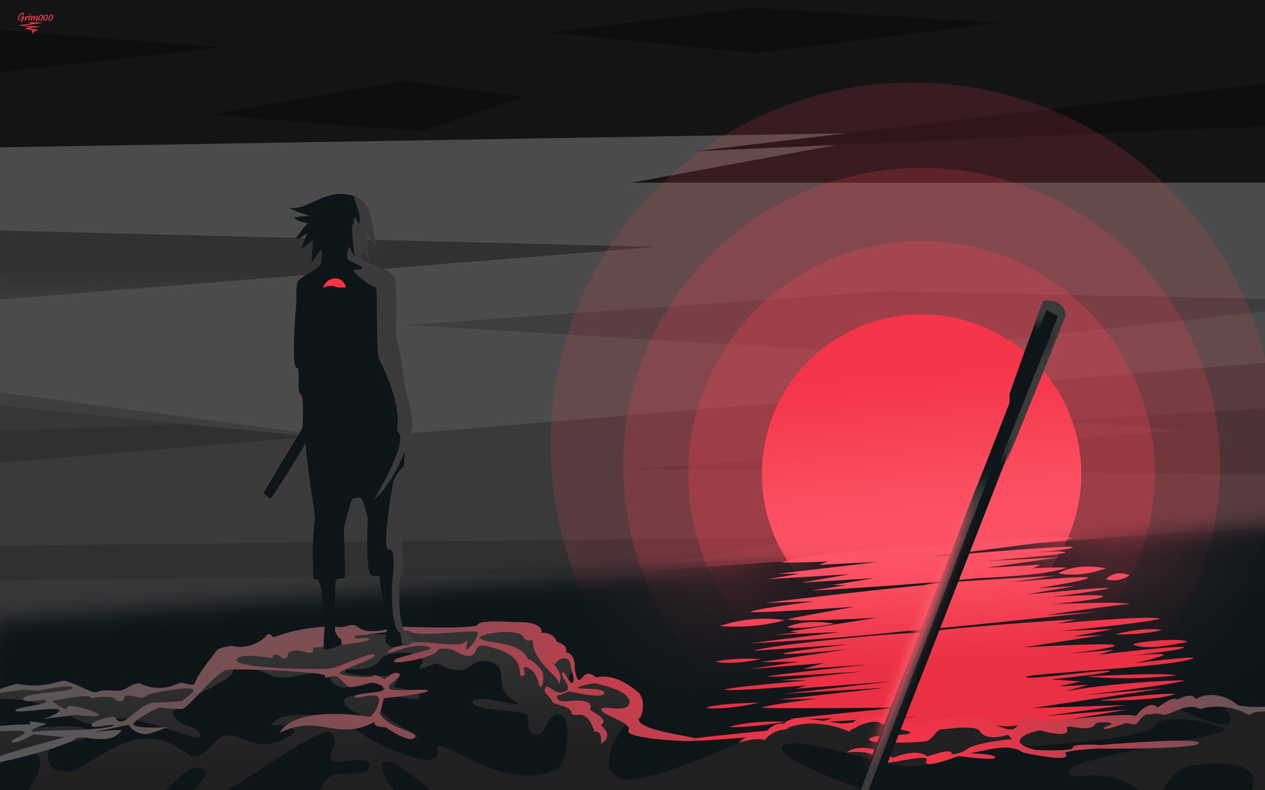 monochrome, Uchiha Sasuke, sunset, sword, minimalism, 2K, Naruto (anime), HD Wallpaper