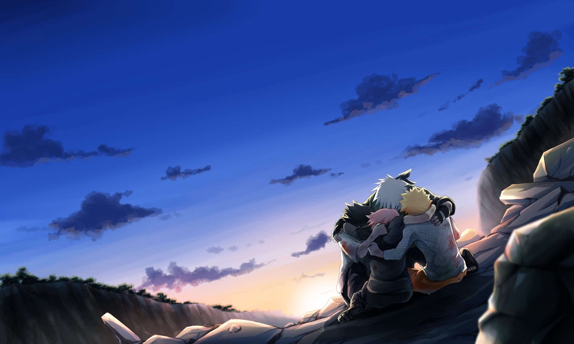 blue, female, male, group of people, adult, 1080P, architecture, low angle view, lifestyles, Sasuke Uchiha, togetherness, outdoors, sunset, Naruto, scenics - nature, HD Wallpaper