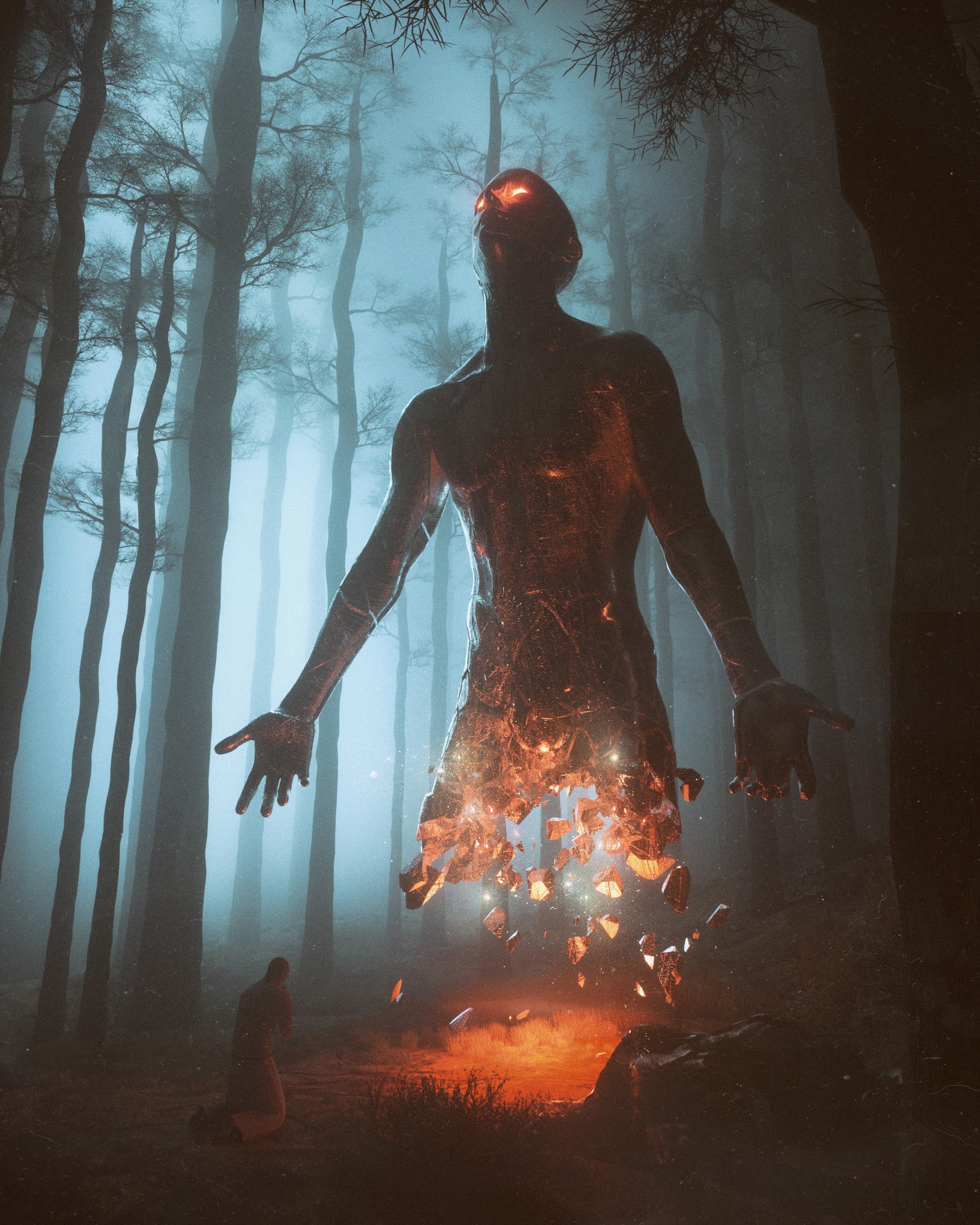 people, fog, 1080P, burning, smoke - physical structure, fire, heat - temperature, digital composite, front view, man, nature, adult, night, beeple, tree, Phone HD Wallpaper
