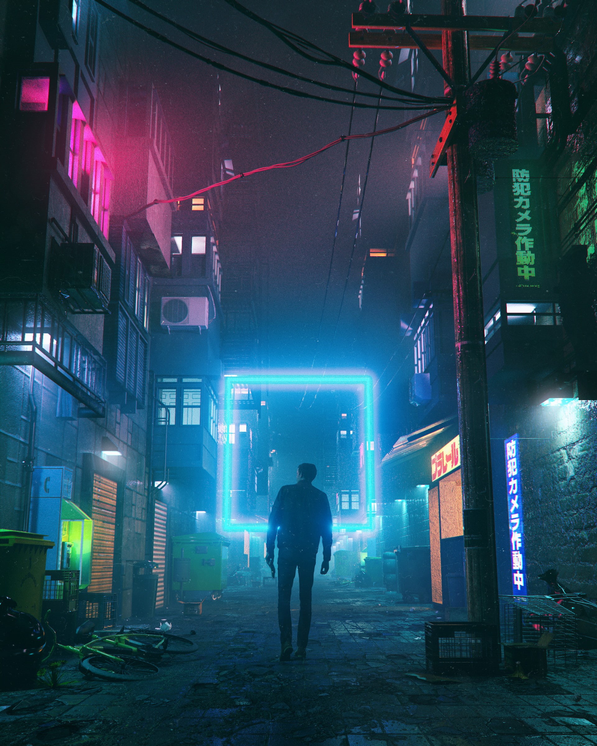beeple, neon, street, city, 1080P, digital art, 3d, Square, Phone HD Wallpaper