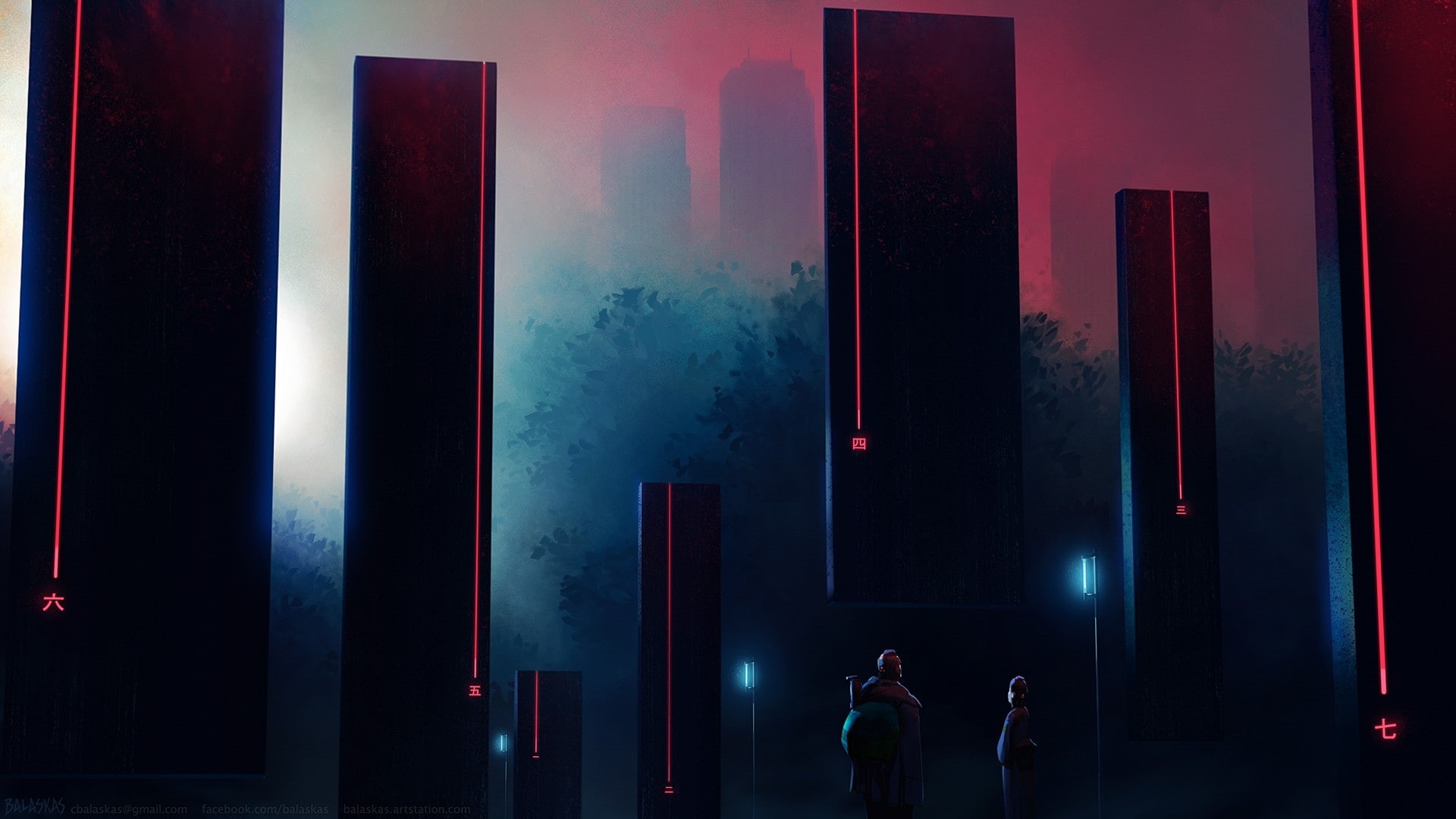 structure, 1080P, black, cyberpunk, pillar, red, Monolith, HD Wallpaper