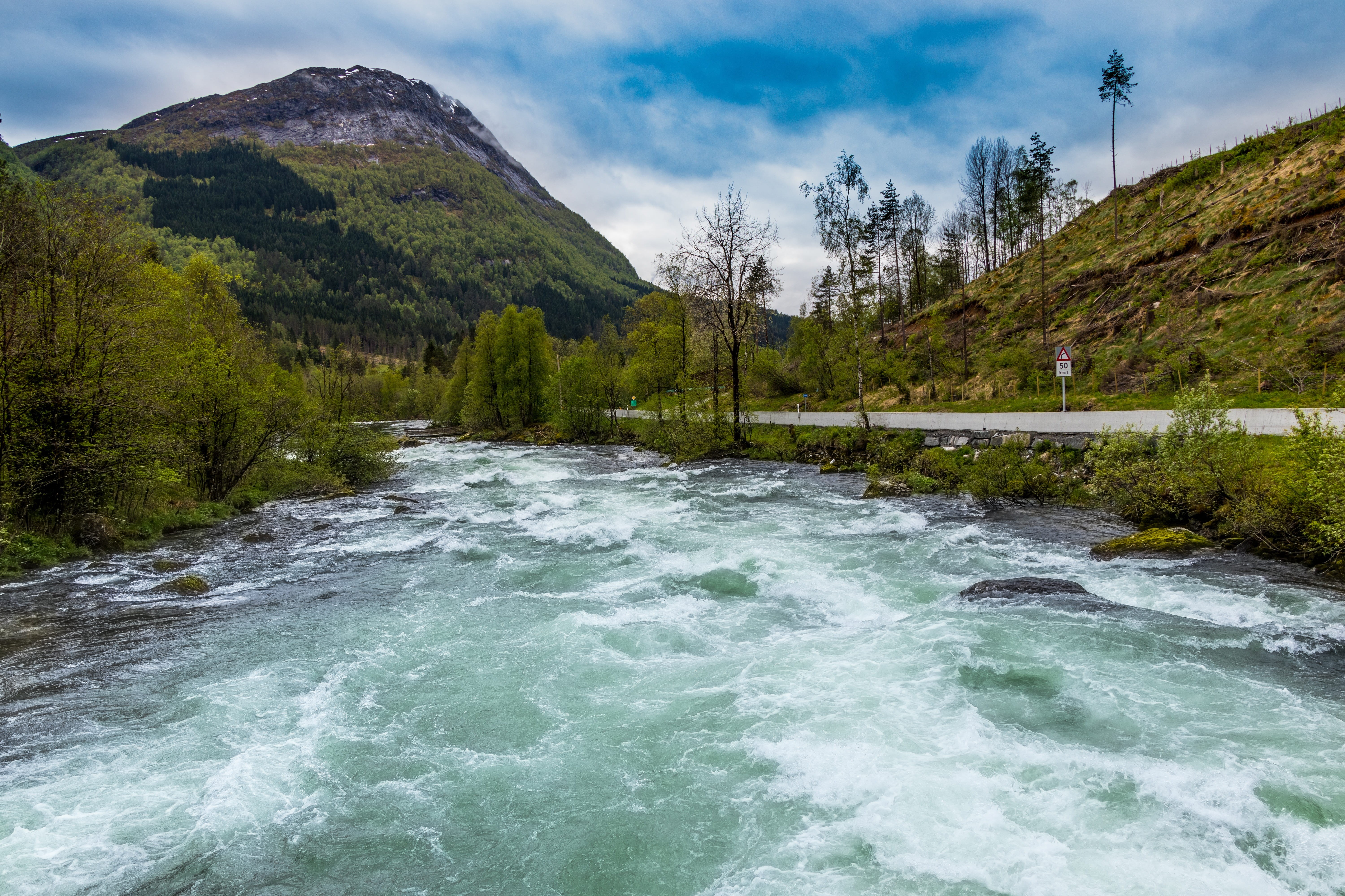 travel, tour, norway, at the court of, body, snow, non-urban scene, water, tree, evergreen, mountain, flowing water, colors, coniferous tree, motion, rock, HD Wallpaper