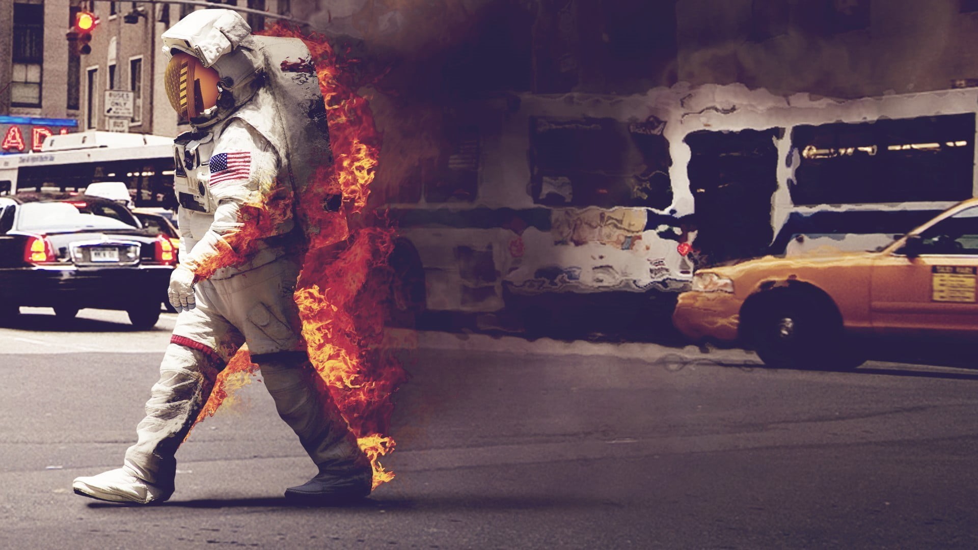 men, wearing, people, s, astronaut, women, street, architecture, fire, outdoors, spaceman, person, building exterior, space suit, built structure, 1080P, HD Wallpaper