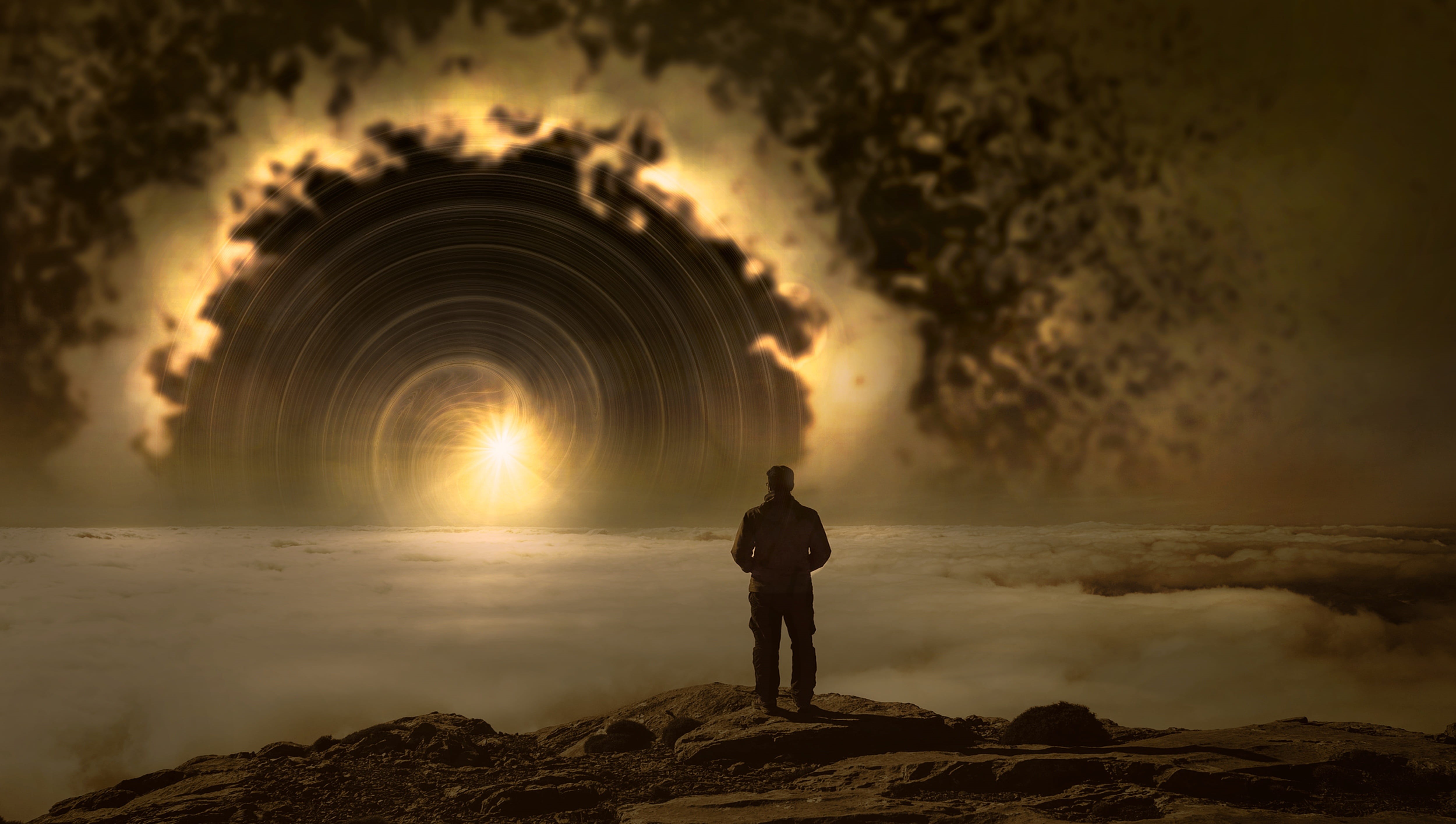 light, lighting, outdoors, hell, dream, standing, 4K, mouth guard, glow, looking at view, watch, sky, one person, rock - object, surreal, darkness, ceramic, HD Wallpaper