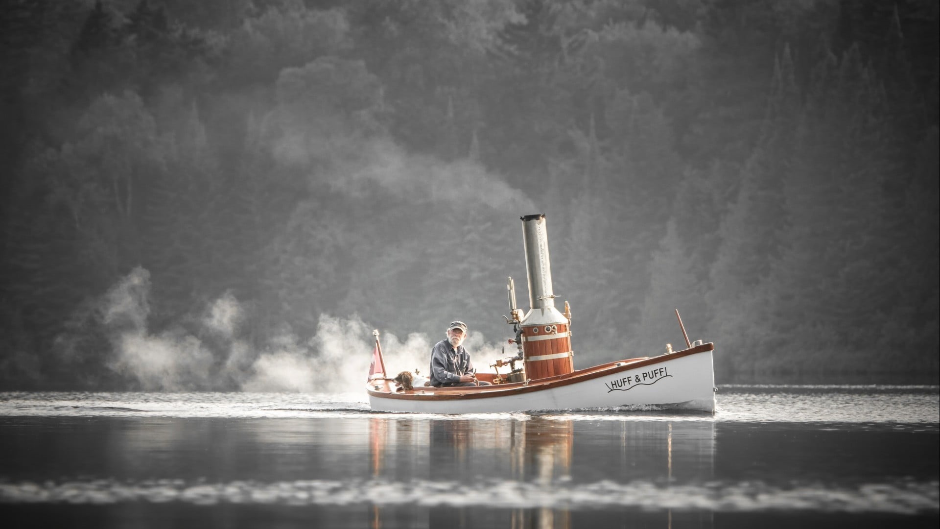 trees, mist, 1080P, boat, males, people, adult, beards, chimneys, transportation, sailor, nautical vessel, outdoors, friendship, illustration, women, forest, HD Wallpaper