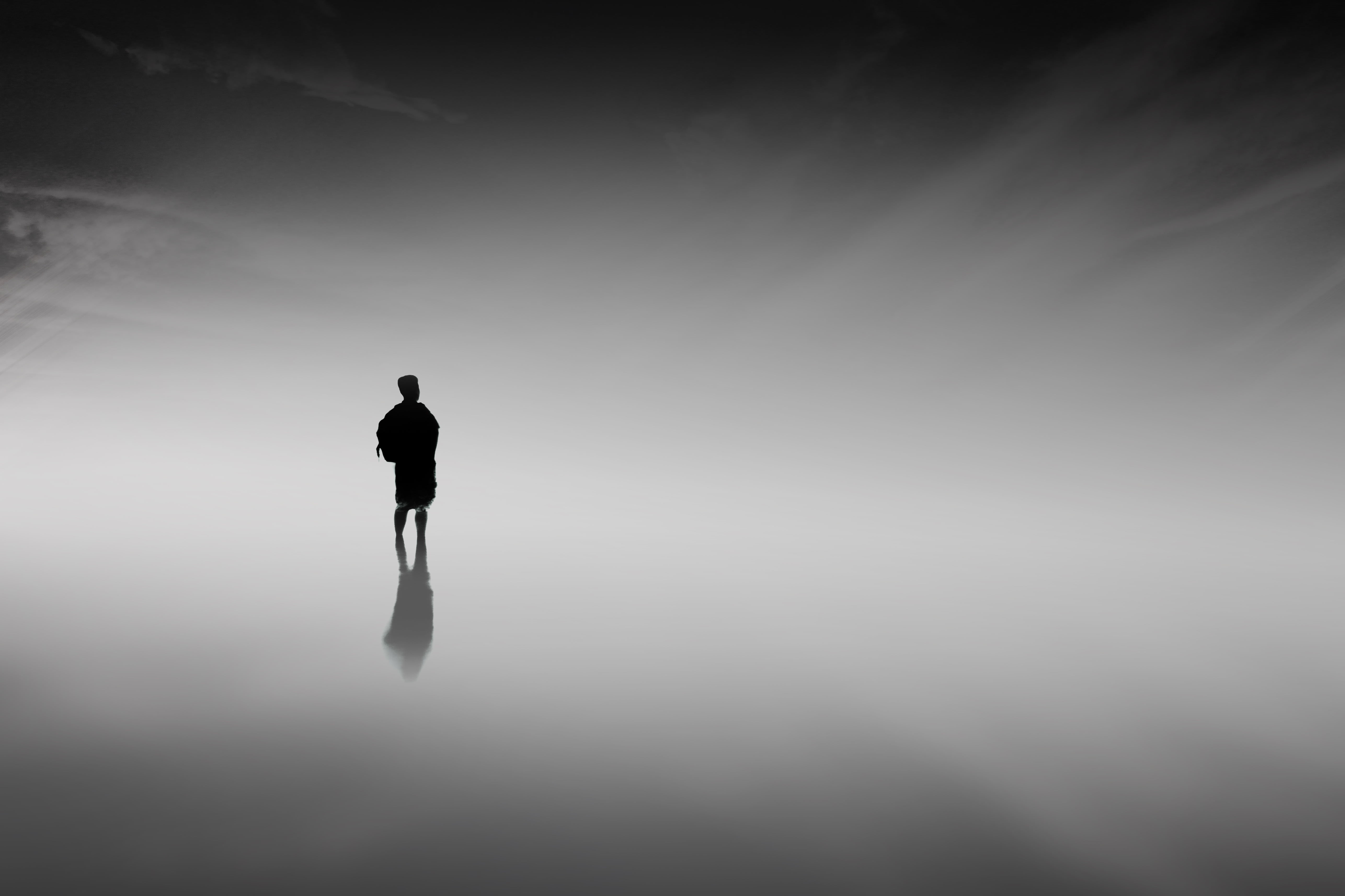 photography, beach, dark sky, skyscrapers, 5K, sea, tranquility, activity, one person, cutter, abstract, reflection, long, black background, water, man silhouette, HD Wallpaper