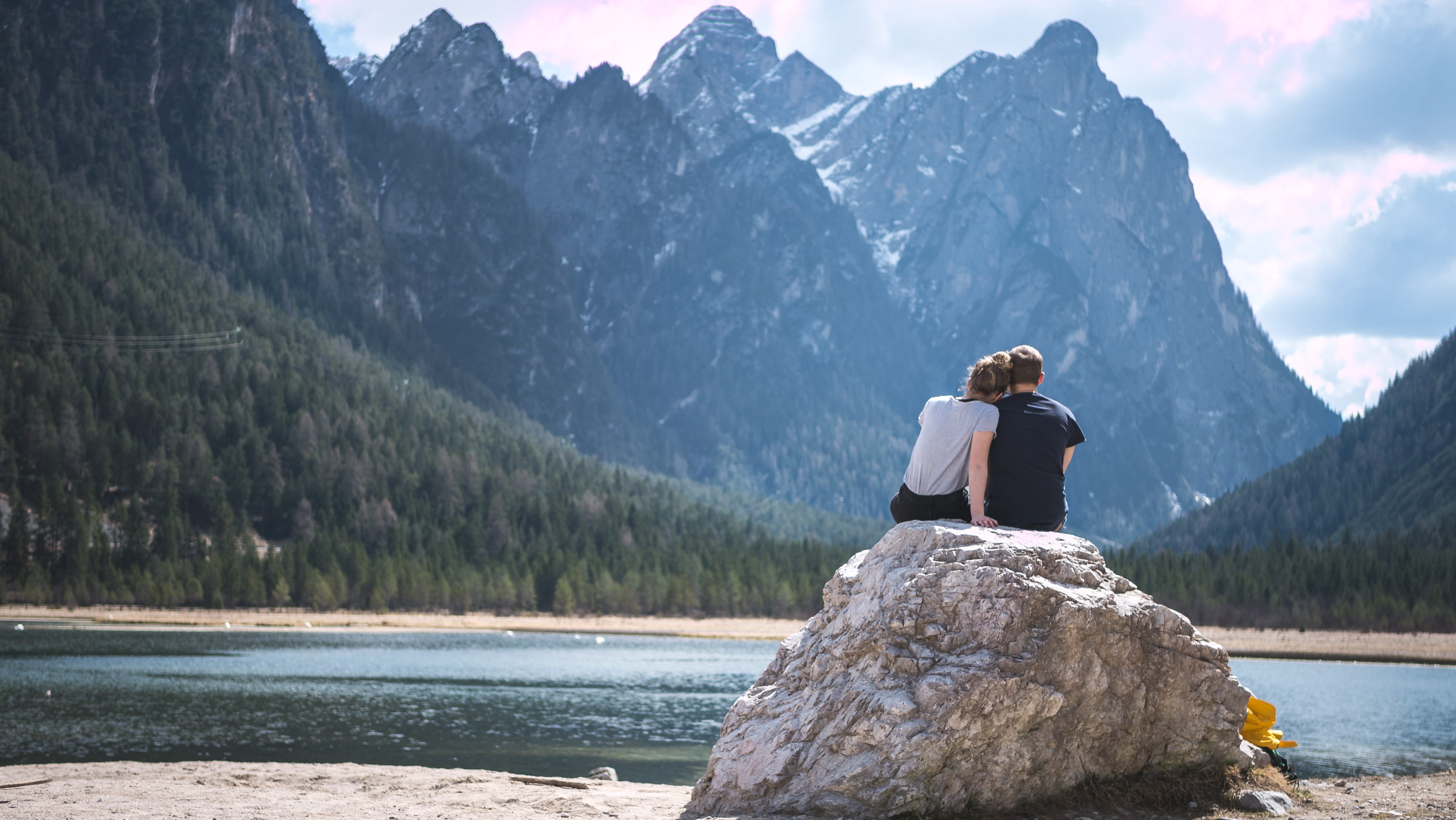 landscape, women, men, lake, big, day, rock, man, 4K, rear view, scenics, lifestyles, top, beauty in nature, snow mountain, real people, scenics - nature, HD Wallpaper