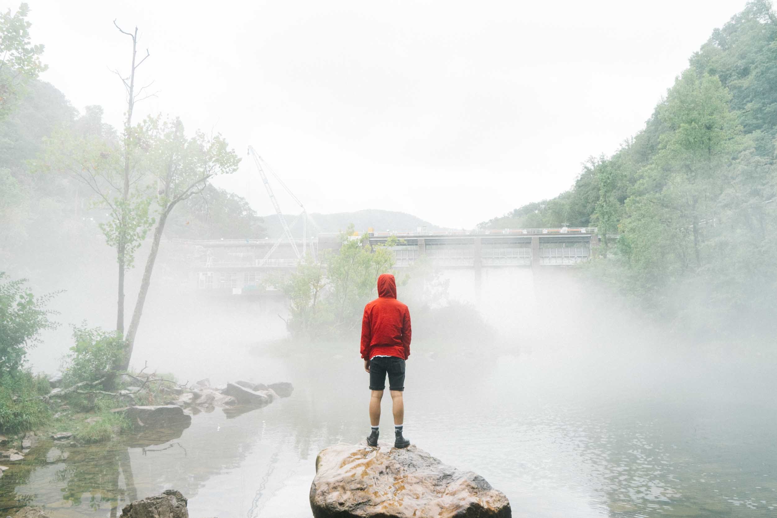 casual clothing, full length, one person, adult, nature, fog, black shorts, mountain, standing, 1080P, man, tranquility, women, mist, sky, bridge, steam, HD Wallpaper