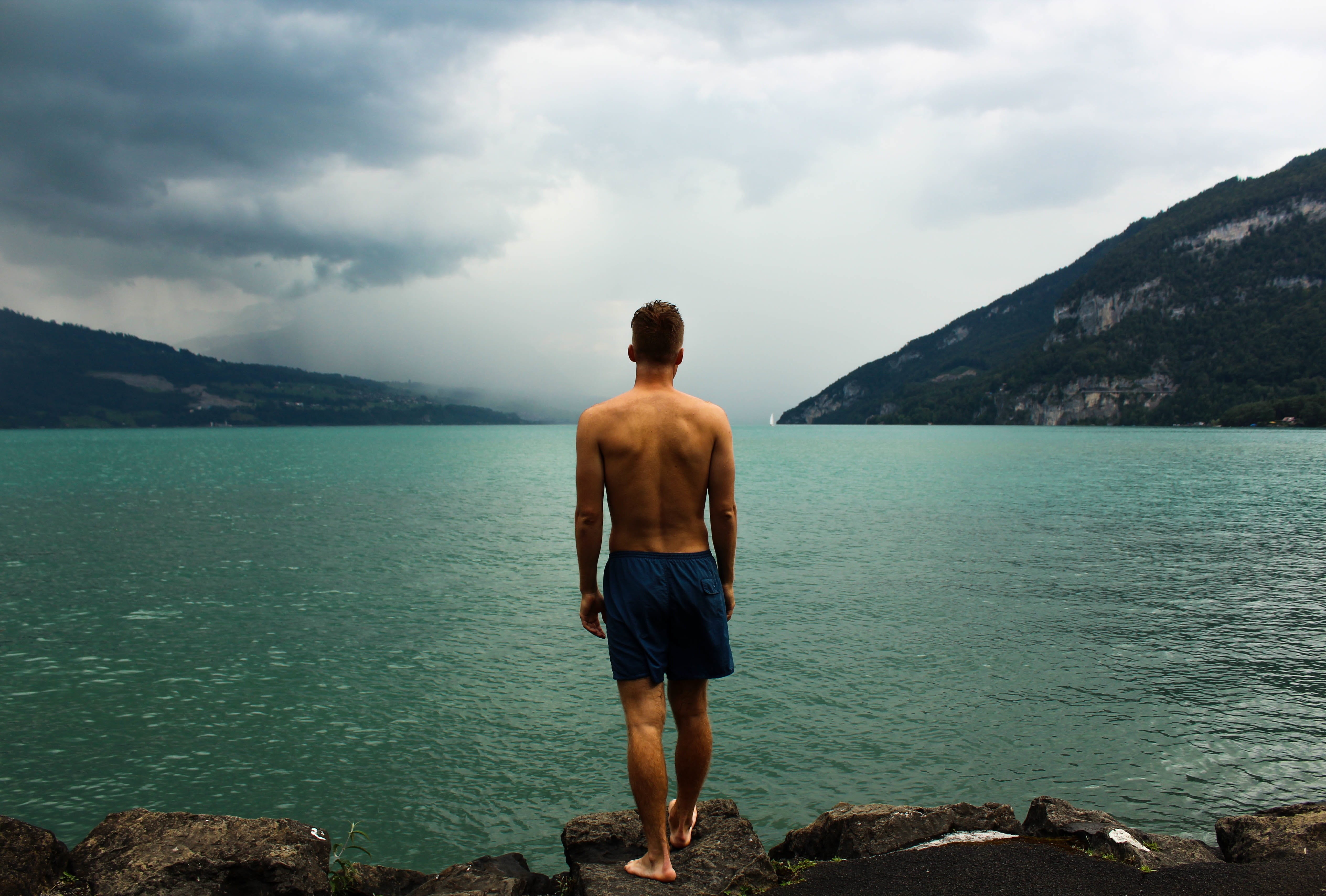 one Person, water, man in black, one Man Only, caucasian Ethnicity, rock, black, scenics - nature, men, beauty in nature, shirtless, muscular Build, lake, HD Wallpaper