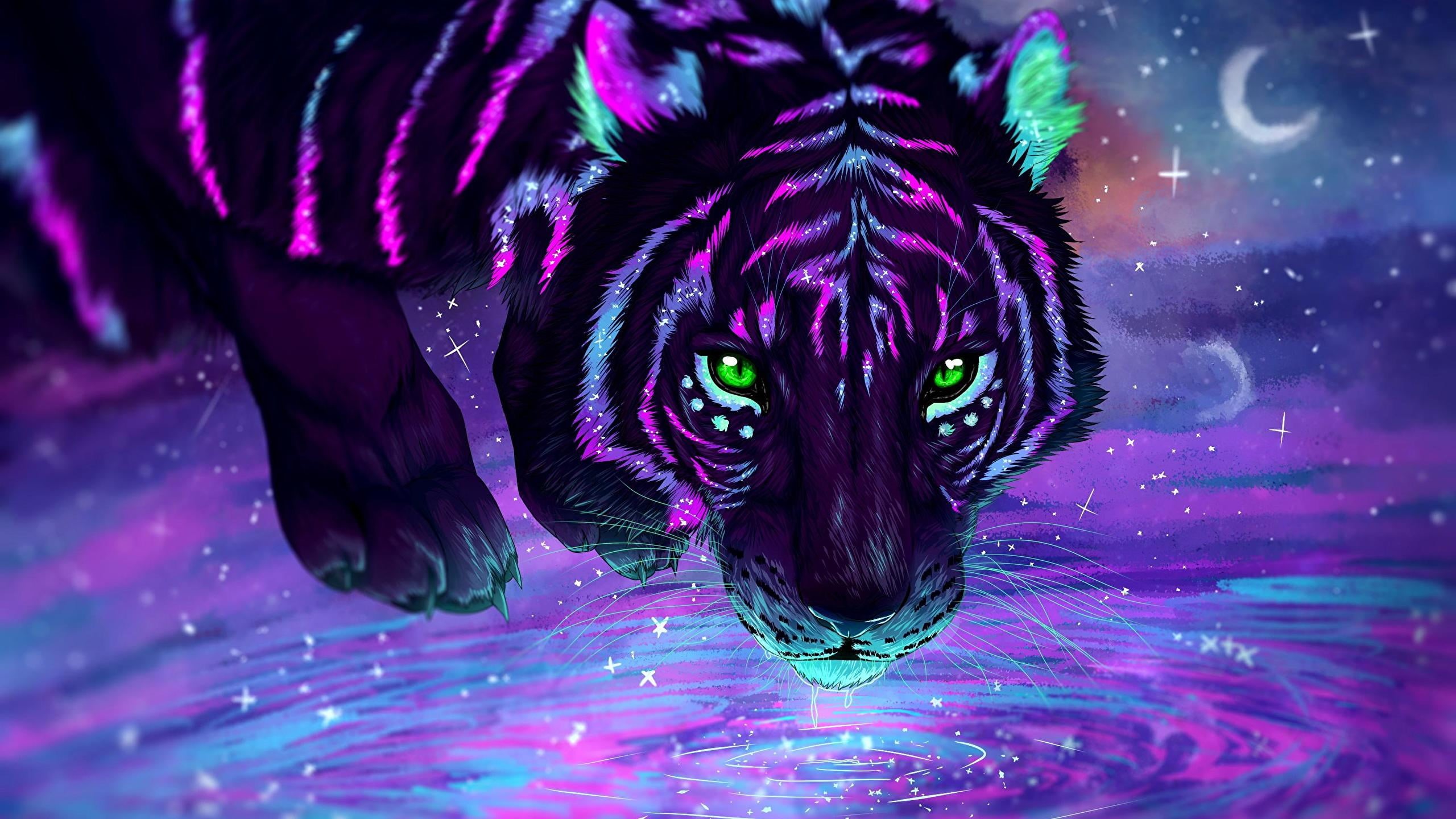 body paint, purple, green eyes, animal wildlife, looking at camera, aggression, water, 2K, arts culture and entertainment, illustration, animals, digital composite, HD Wallpaper